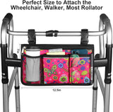 Wheelchair Side Bag, Upgrade Flower Color Wheelchair Armrest Storage Pouch with Cup Holder and Reflective Strip Made with Waterproof Fabric, for Most Wheelchairs, Walkers and Rollators (Red Butterfly)