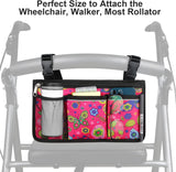 Wheelchair Side Bag, Upgrade Flower Color Wheelchair Armrest Storage Pouch with Cup Holder and Reflective Strip Made with Waterproof Fabric, for Most Wheelchairs, Walkers and Rollators (Red Butterfly)