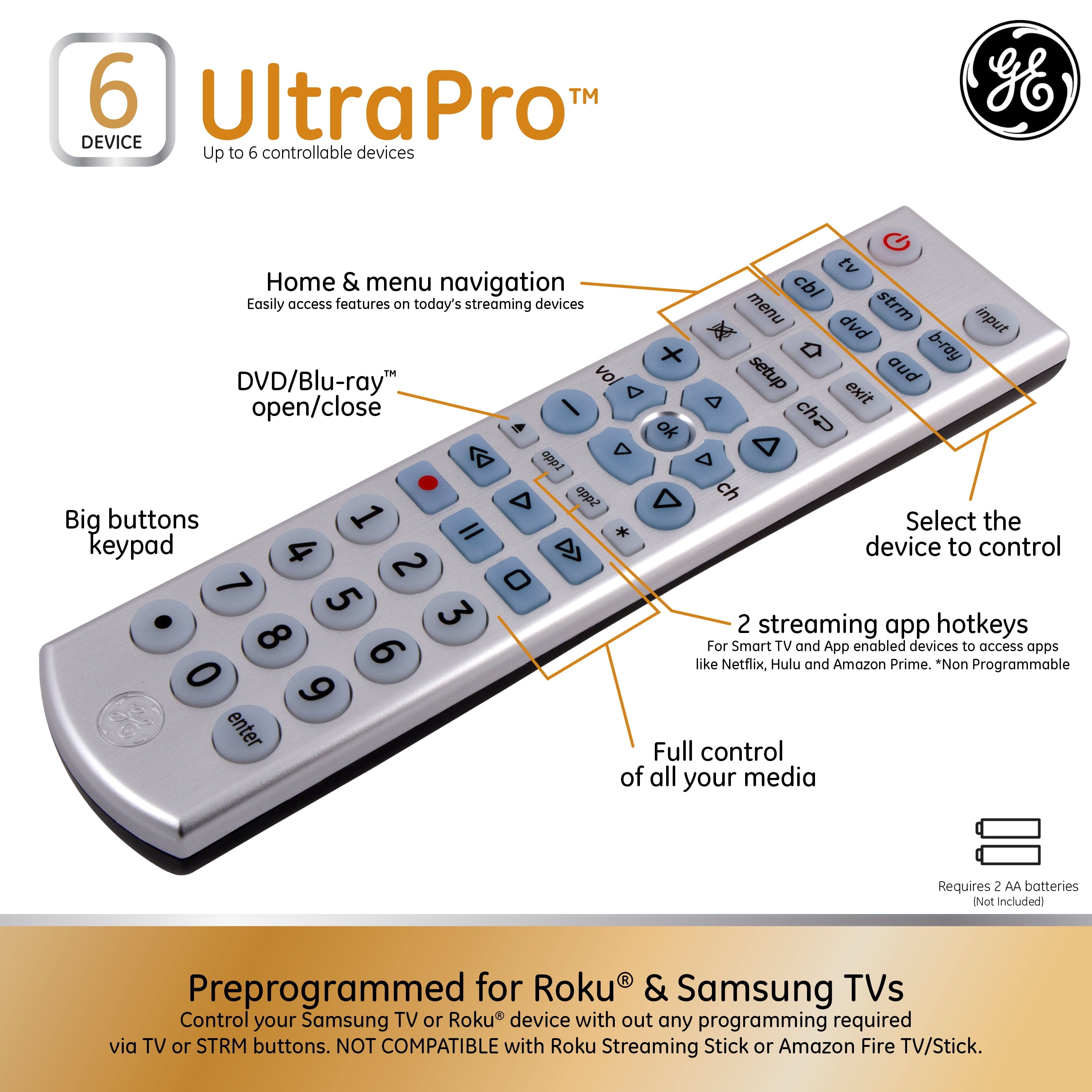 6-Device Backlit Big Button Universal TV Remote Control in Silver, 33712