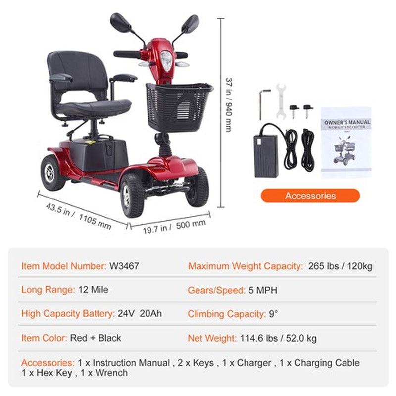 Heavy-Duty 4 Wheel Mobility Scooter for Seniors 12 Mile Long Range 265LBS