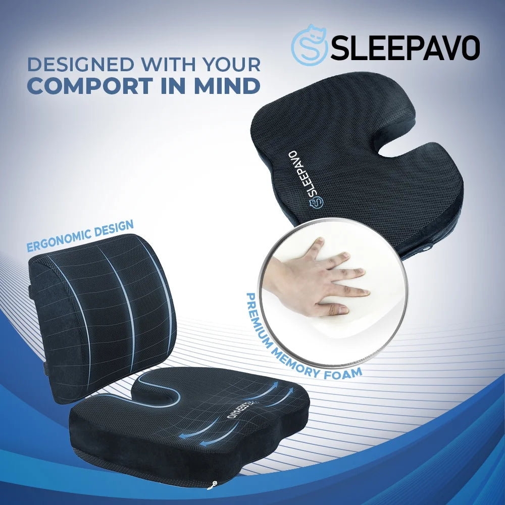 Memory Foam Seat Cushion for Office Chair-Orthopedic Back and Butt Pillow for Sciatica Tailbone Coccyx Hip Pain Relief for Sitting, Gaming, Desk, Car, Airplane-Padded Lumbar Support Pillow