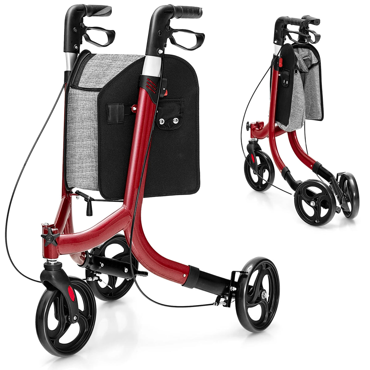 3-Wheel Rolling Walker Folding Rollator Walker with 8 Inch Wheels Red