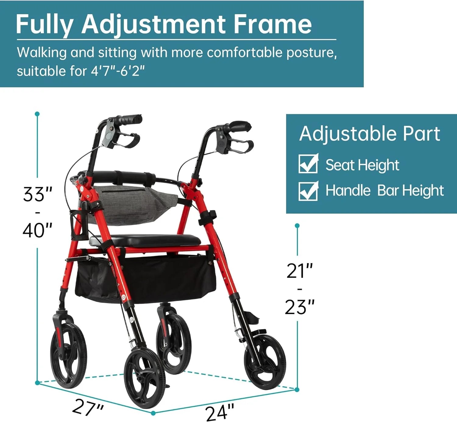 Rollator Walker with Seat, 10" Wheels, Adjustable Handles, Mobility Walker for Seniors Adult, Red