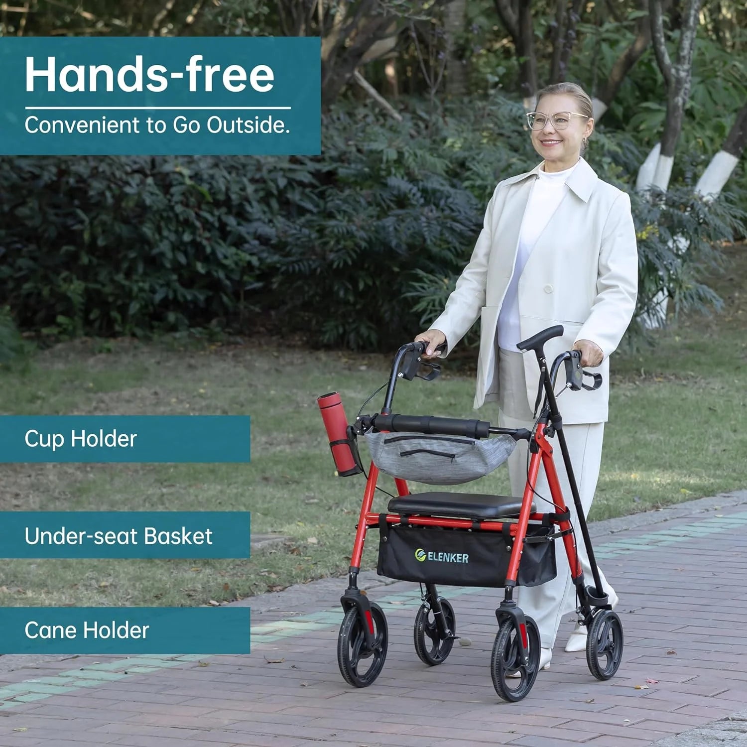 Rollator Walker with Seat, 10" Wheels, Adjustable Handles, Mobility Walker for Seniors Adult, Red