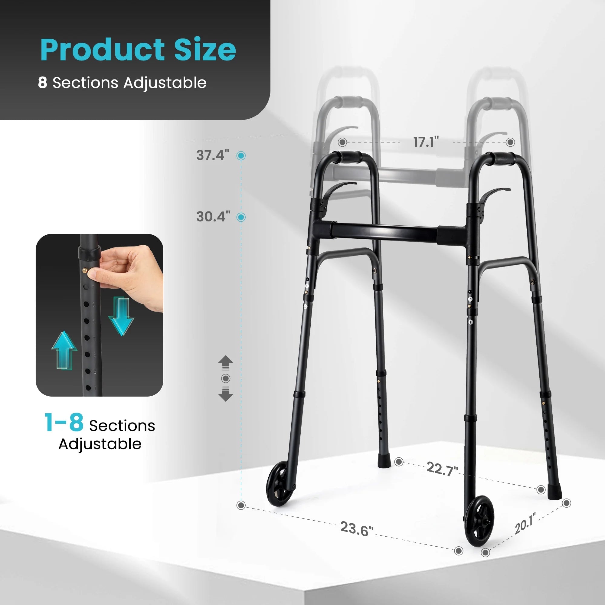 Compact Folding Walker for Seniors & Adults, Deluxe Lightweight Mobility Aids Walker with 5" Wheels and Trigger Release up to 300 Lbs, Aluminium