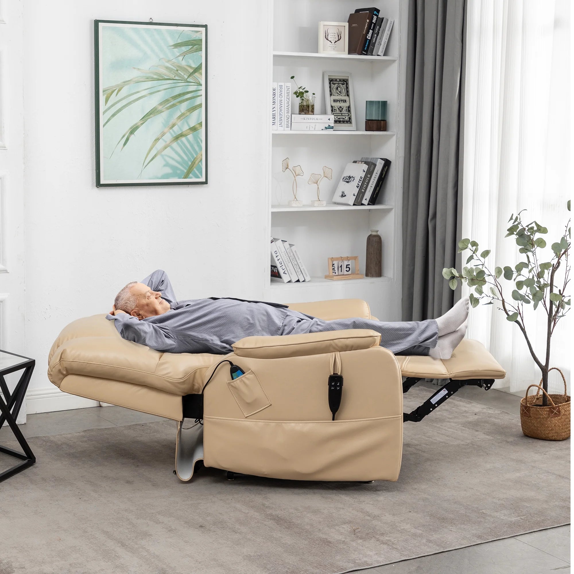 Oversized Power Lift Recliner Chair for Elderly, Large Lay Flat Dual Motor Single Sofa with Heat and Massage, PU Leather Recliner Chair for Living Room, 400LBS Weight Capacity, Beige Yellow
