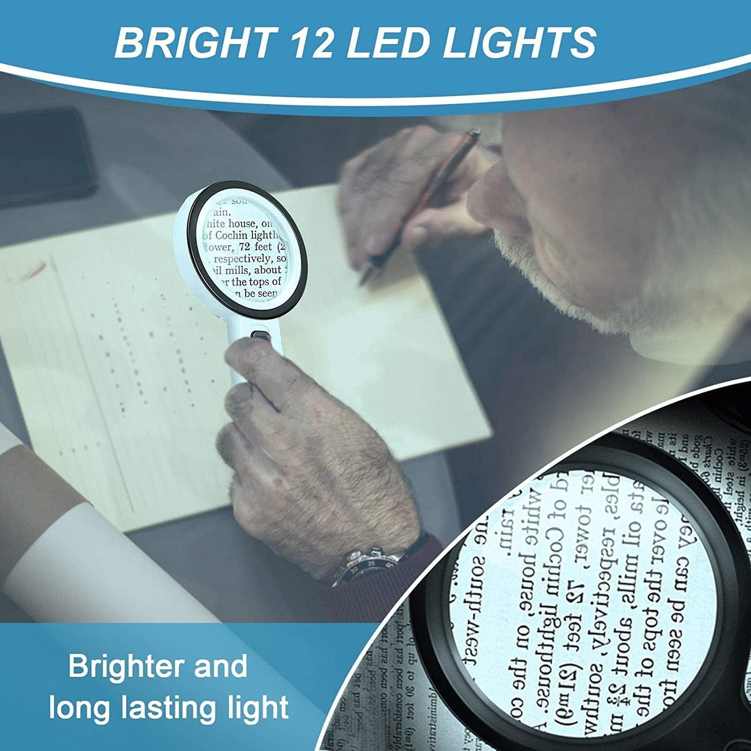 Magnifying Glass with 12 LED Lights, 30X Double Glass Lens Handheld Illuminated