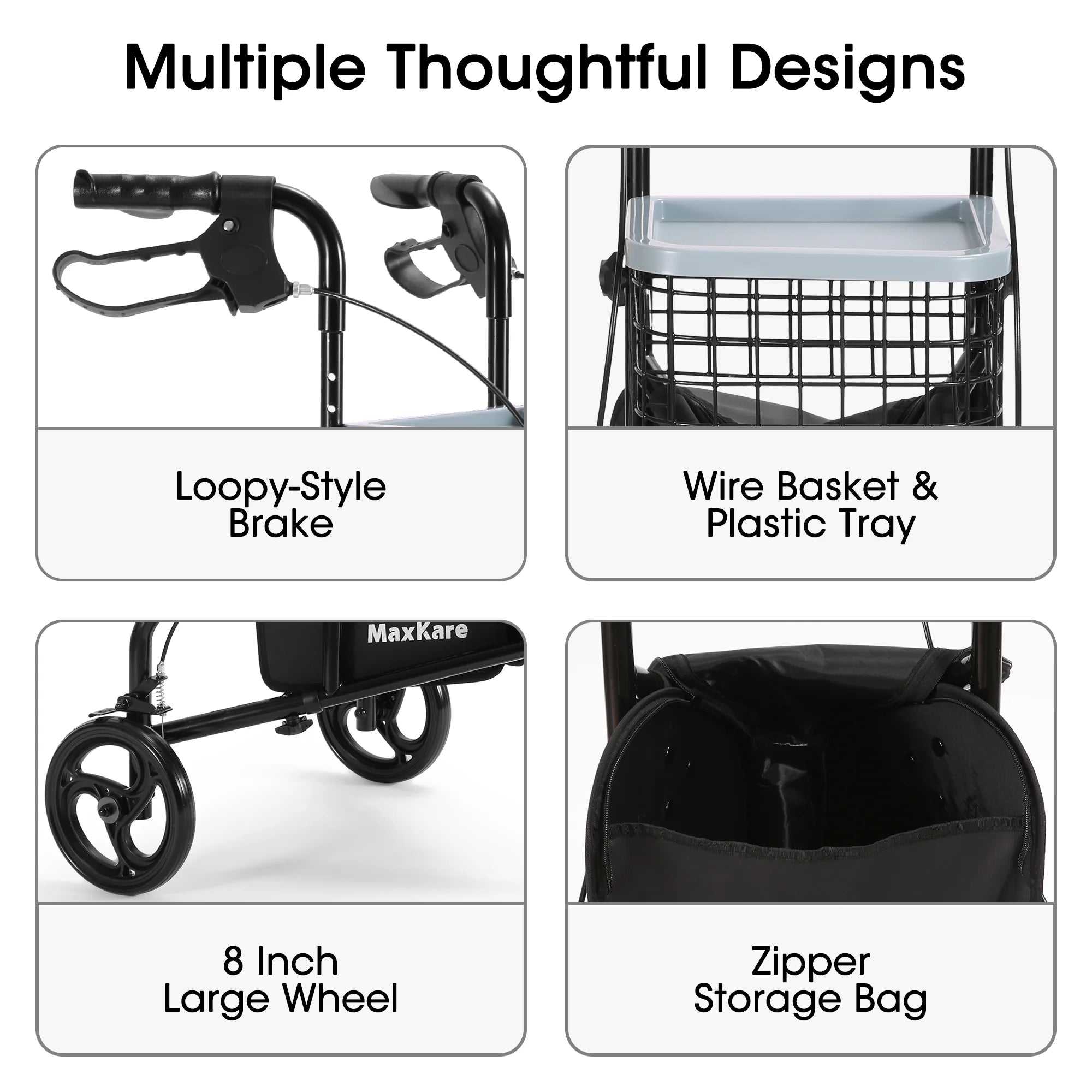 3-Wheel Rolling Walker for Seniors Foldable Rollator Walker with Basket & Tray, 300Lbs Weight Capacity, Height Adjustable, Black