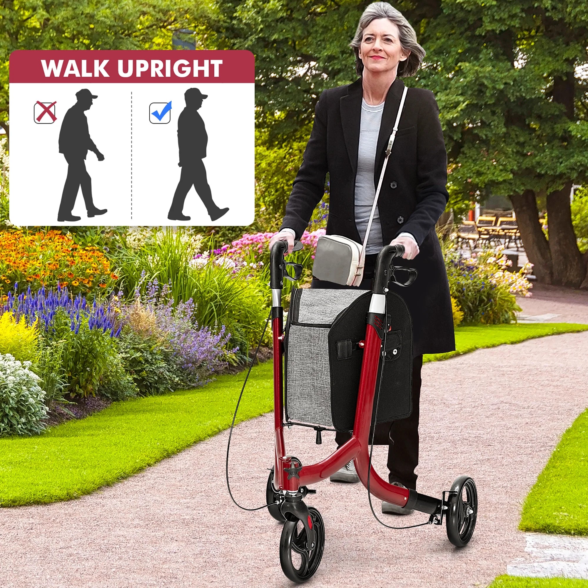 3-Wheel Rolling Walker Folding Rollator Walker with 8 Inch Wheels Red