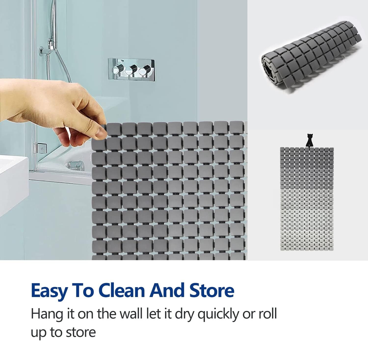 Shower Mat Non Slip Bathtub Mats Bath Mat for Shower Tub with Suction Cups and Drain Holes, Anti-Slip Washable Bathroom Floor Shower Stall Mats, 33.4 X 15.7 Inch (Gradient Grey)