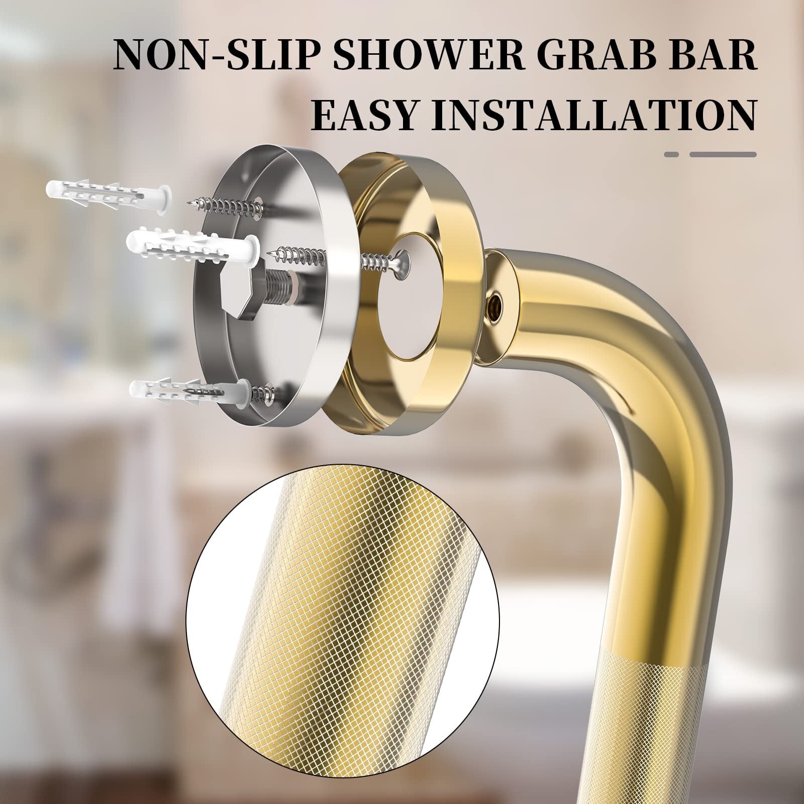 Gold Shower Grab Bar 24 Inch, Stainless Steel Anti-Slip Bathroom Grab Bar W/K...