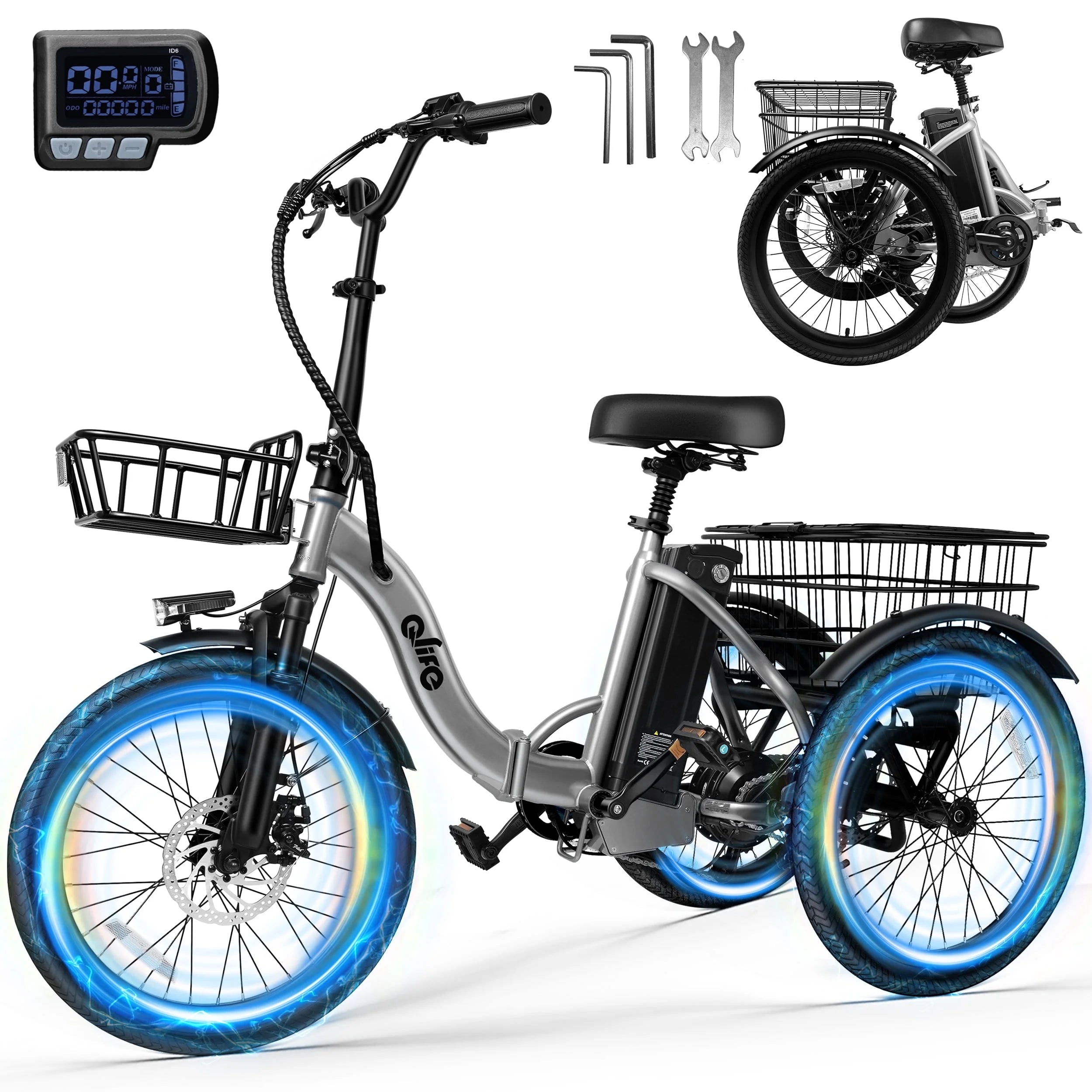 Qlife Electric Folding Tricycle for Adults, Peak 750W Brushless Motor Folding Trike Ebike 468Wh Removable Battery, Step-Thru 3 Wheel Electric Bicycle, up to 50 Miles UL2849 Orange
