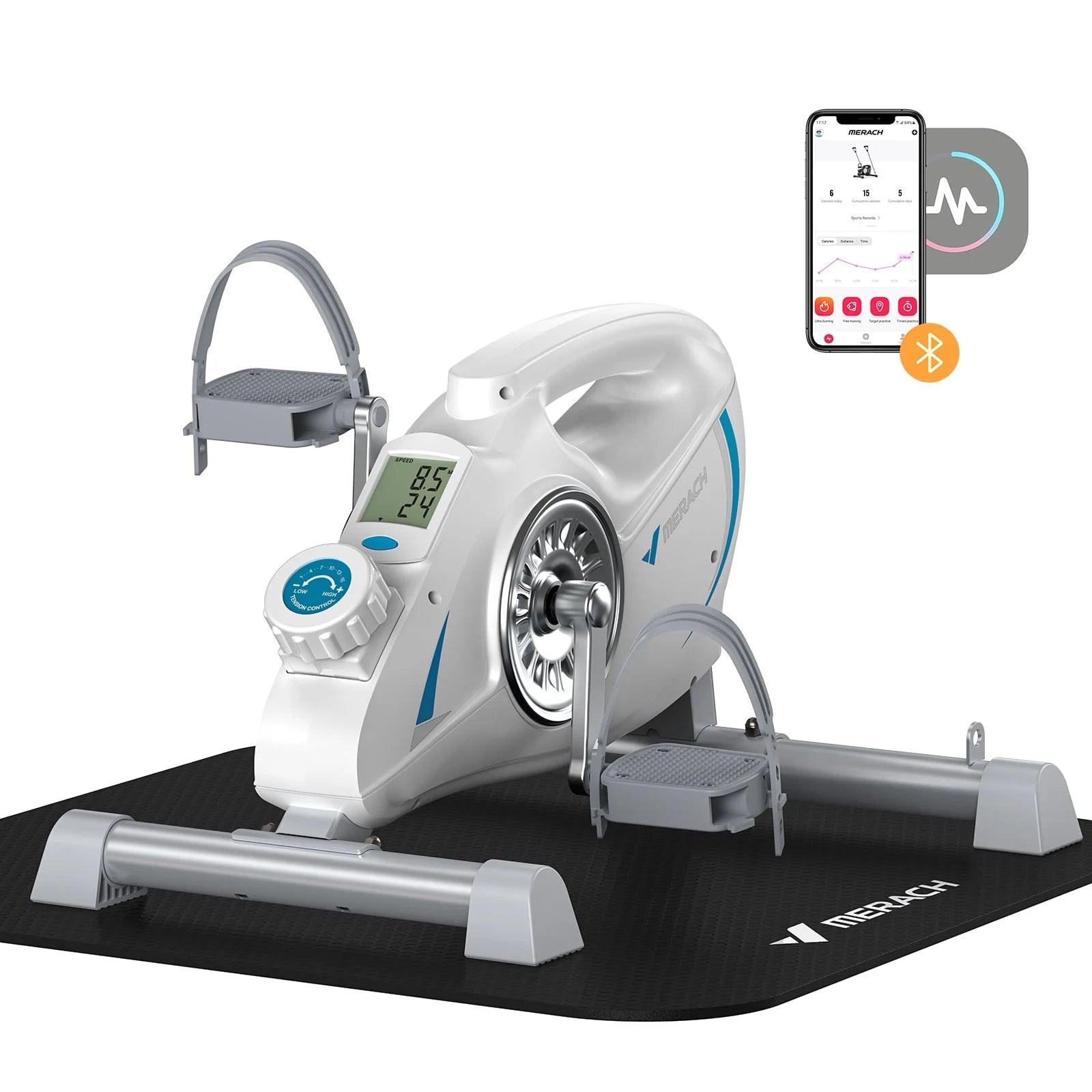 under Desk Bike Pedal Exerciser Indoor Silent Elliptical Machine for Legs and Arms Mini Foot Pedal Exercise Bike with Free App,Non-Slip Mat,2 Resistance Bands