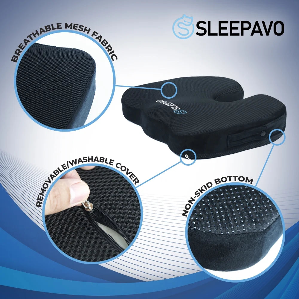 Seat Cushion - Office Chair Cushion for Sciatica Pain Relief, Washable Seat Cushion for Tailbone Pain Relief - Back Support Pillow - Seat Cushion for Car (Black)