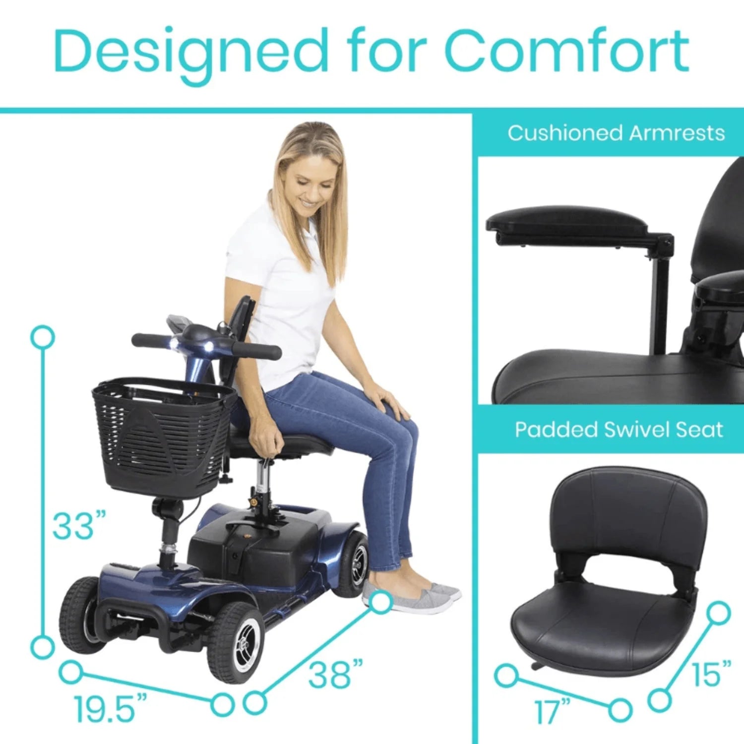 4 Wheel Battery Powered Mobility Scooter - Electric Transport Chair- Compact Heavy Duty Mobile for Travel, Adults, Elderly with Basket and Charger Included, Red