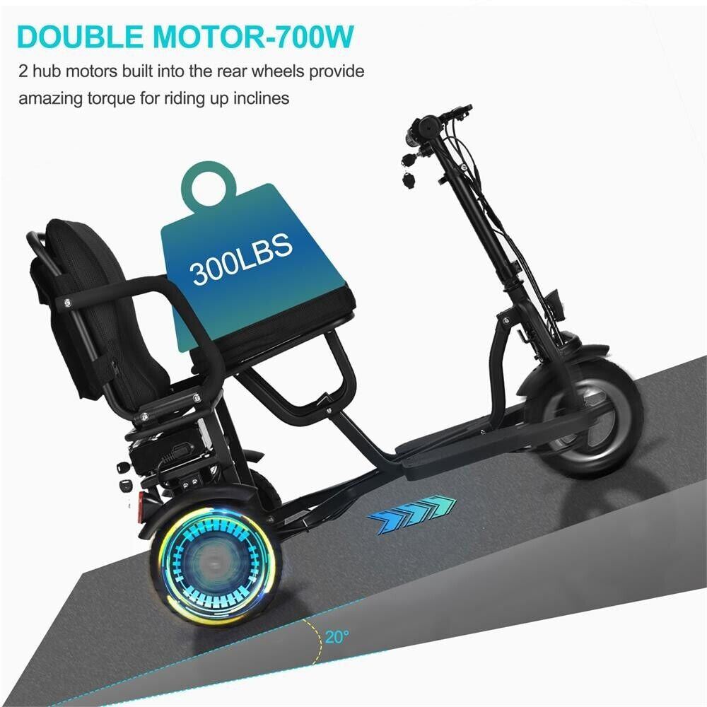 Mototec Folding Mobility Electric Trike 48V 700W Dual Power Motor Lithium Black✅