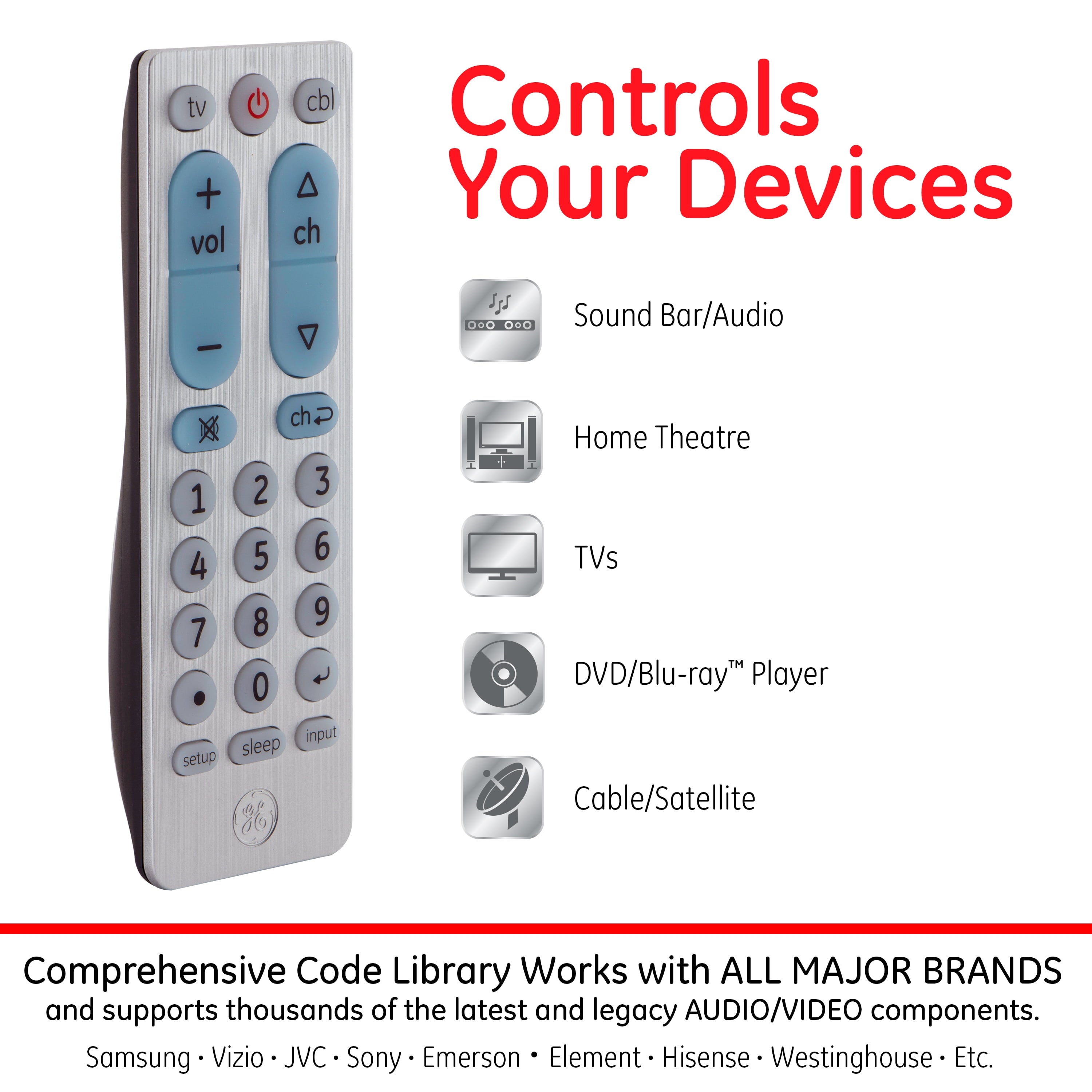 2-Device Big Button Universal TV Remote Control in Silver, 69882