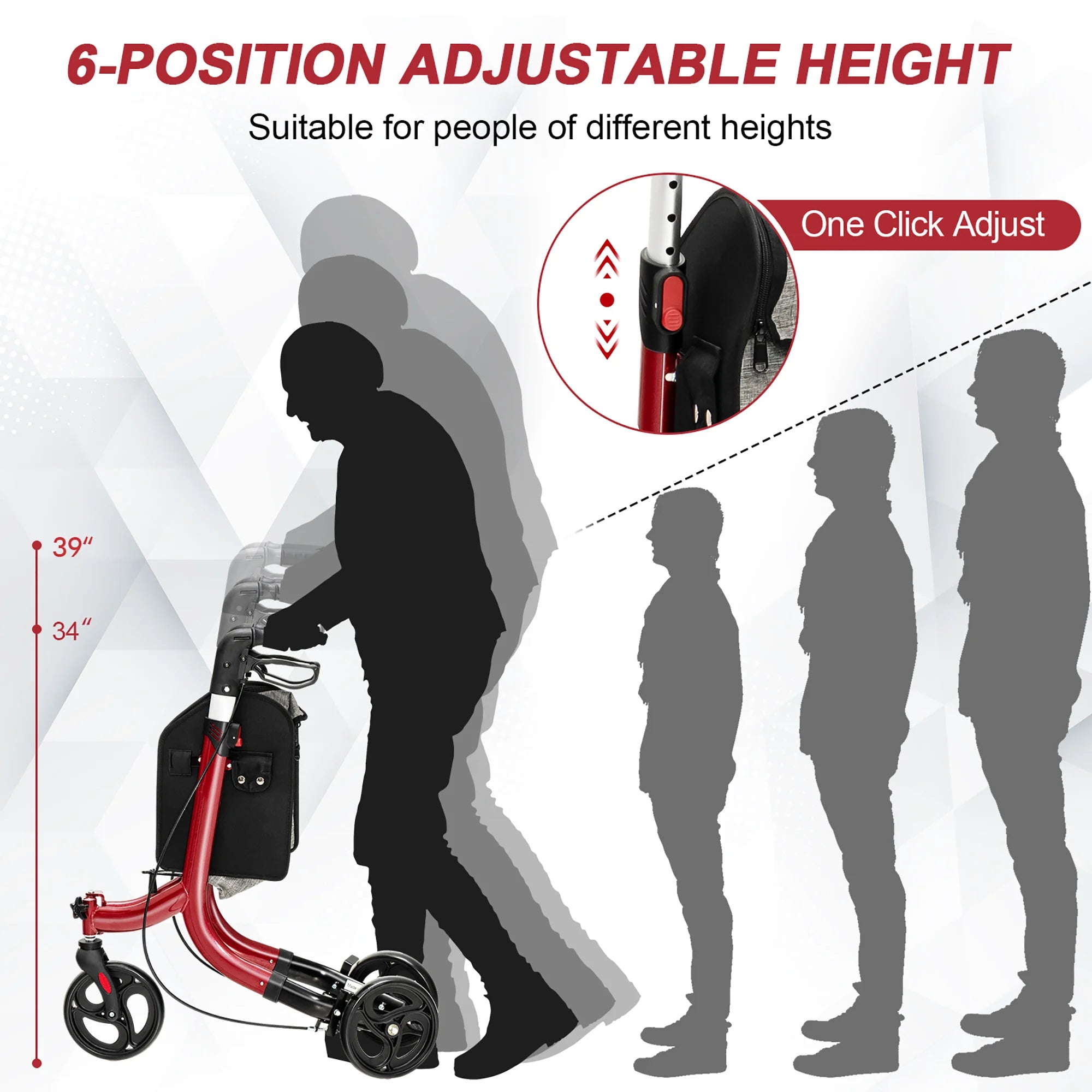 3-Wheel Rolling Walker Folding Rollator Walker with 8 Inch Wheels Red