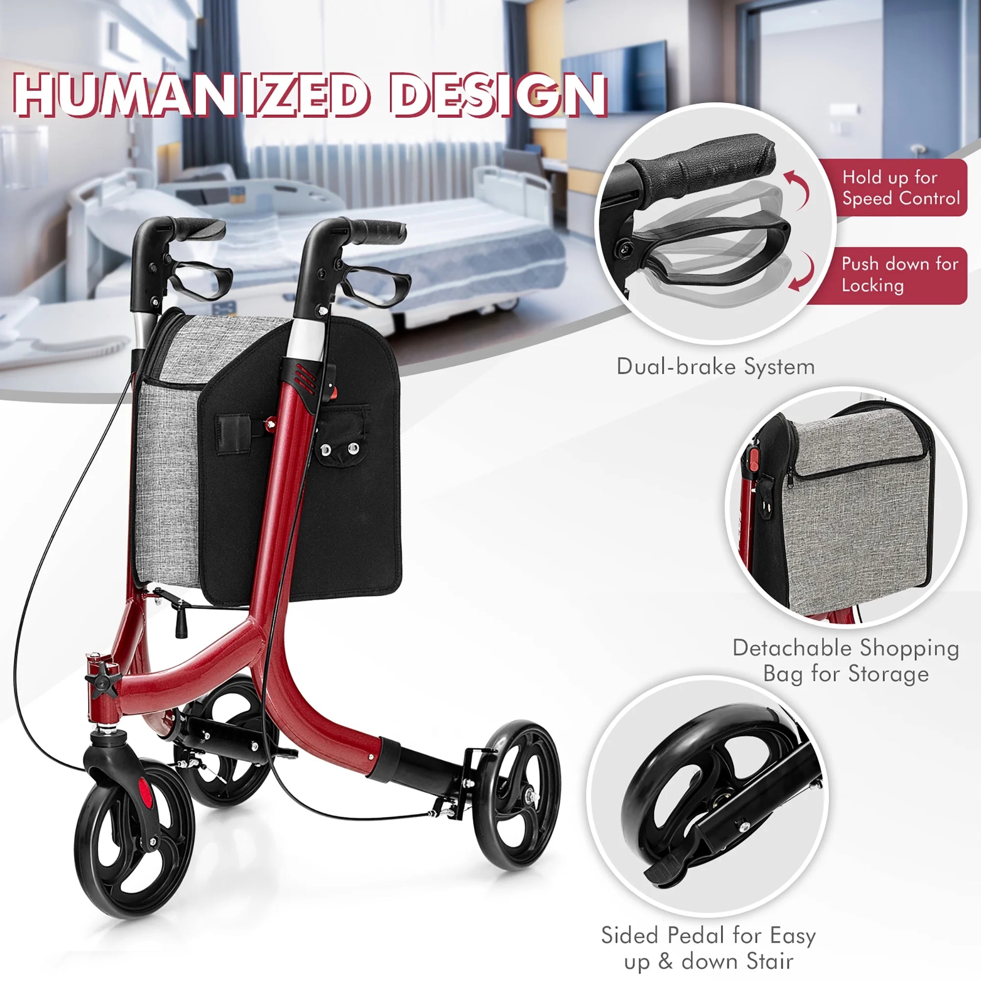 3-Wheel Rolling Walker Folding Rollator Walker with 8 Inch Wheels Red