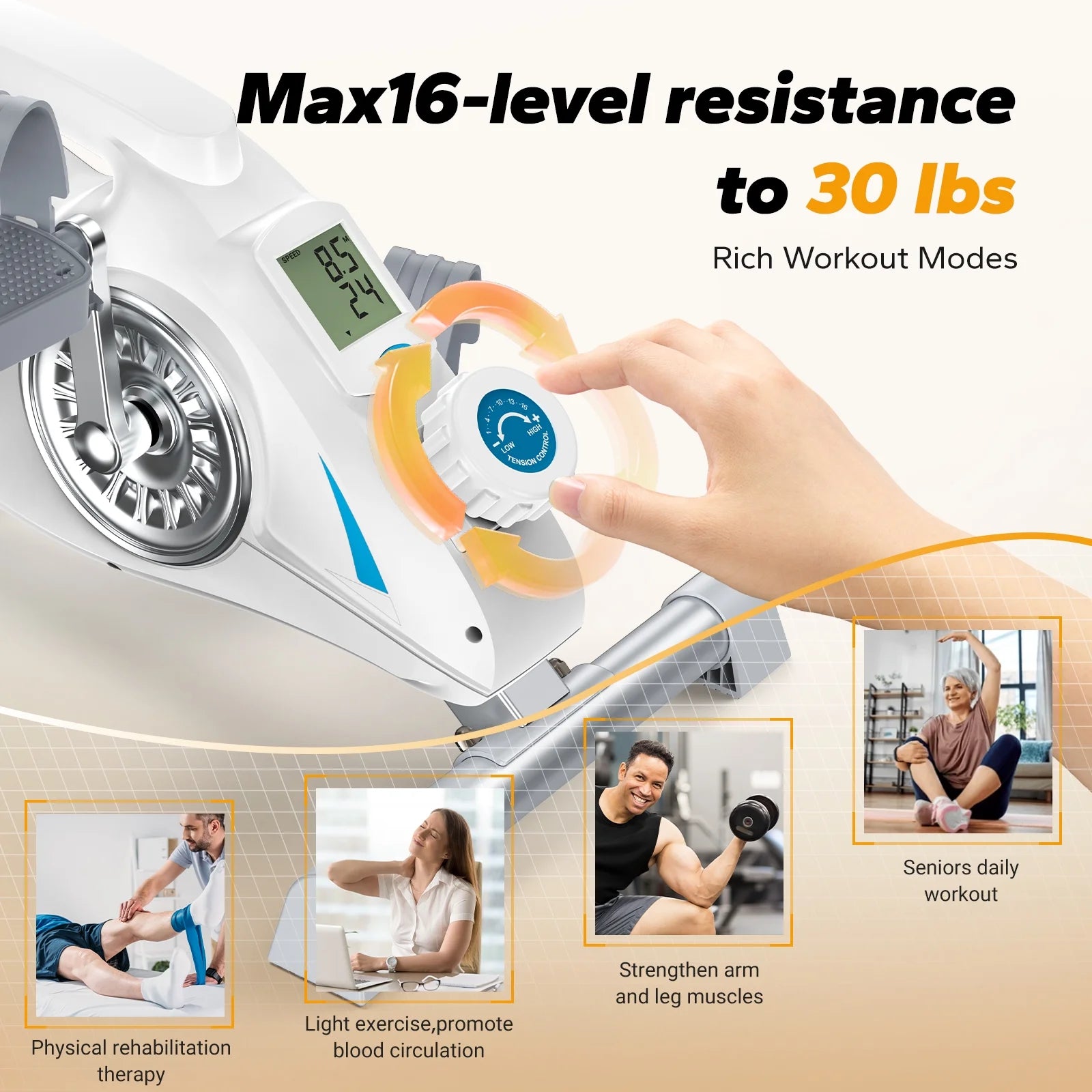 under Desk Bike Pedal Exerciser Indoor Silent Elliptical Machine for Legs and Arms Mini Foot Pedal Exercise Bike with Free App,Non-Slip Mat,2 Resistance Bands