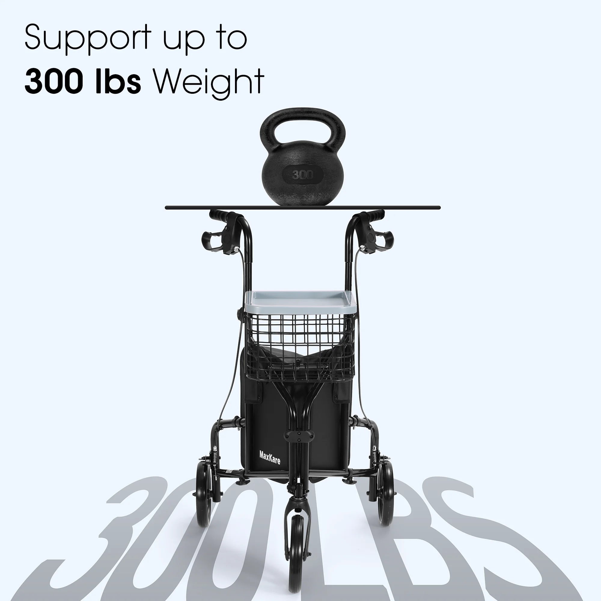 3-Wheel Rolling Walker for Seniors Foldable Rollator Walker with Basket & Tray, 300Lbs Weight Capacity, Height Adjustable, Black