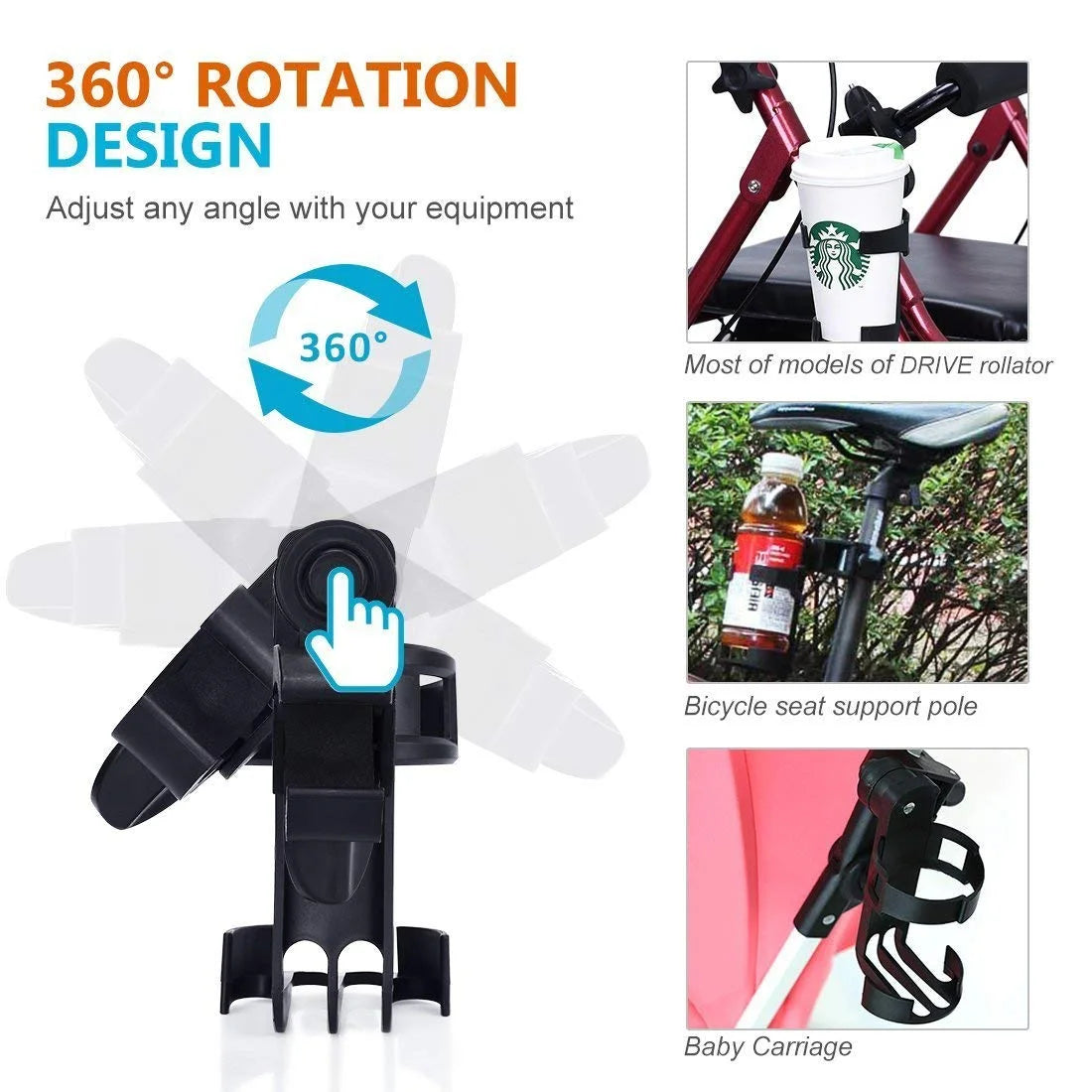 Rollator Cup Holder, Adjustable Universal Size Heavy Duty 360 Degree for Drive Medline Wheelchair Walker Bike