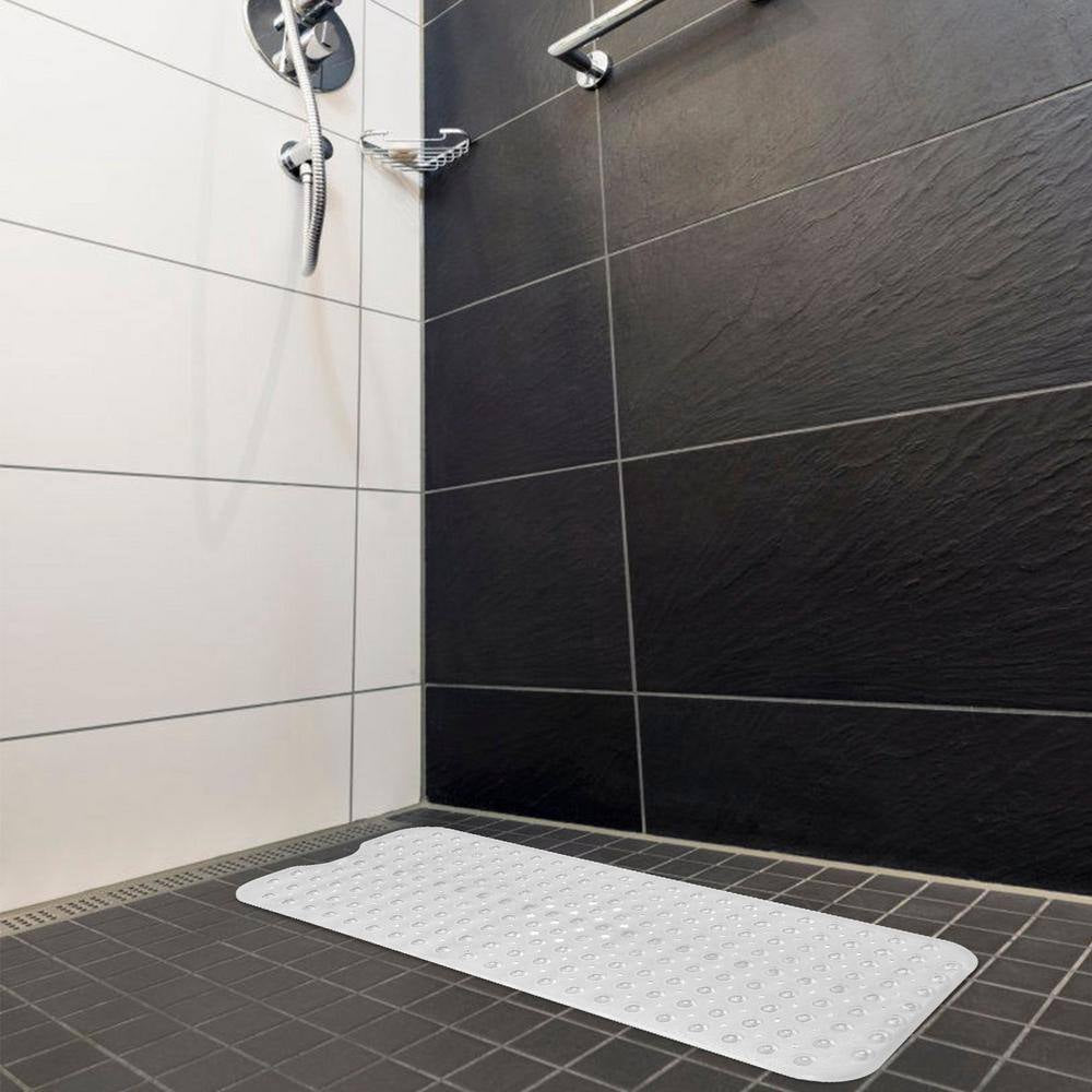 39.4 In. X 15.8 In. Non-Slip Shower Mat in Transparent White Bpa-Free Massage Anti-Bacterial with Suction Cups Washable