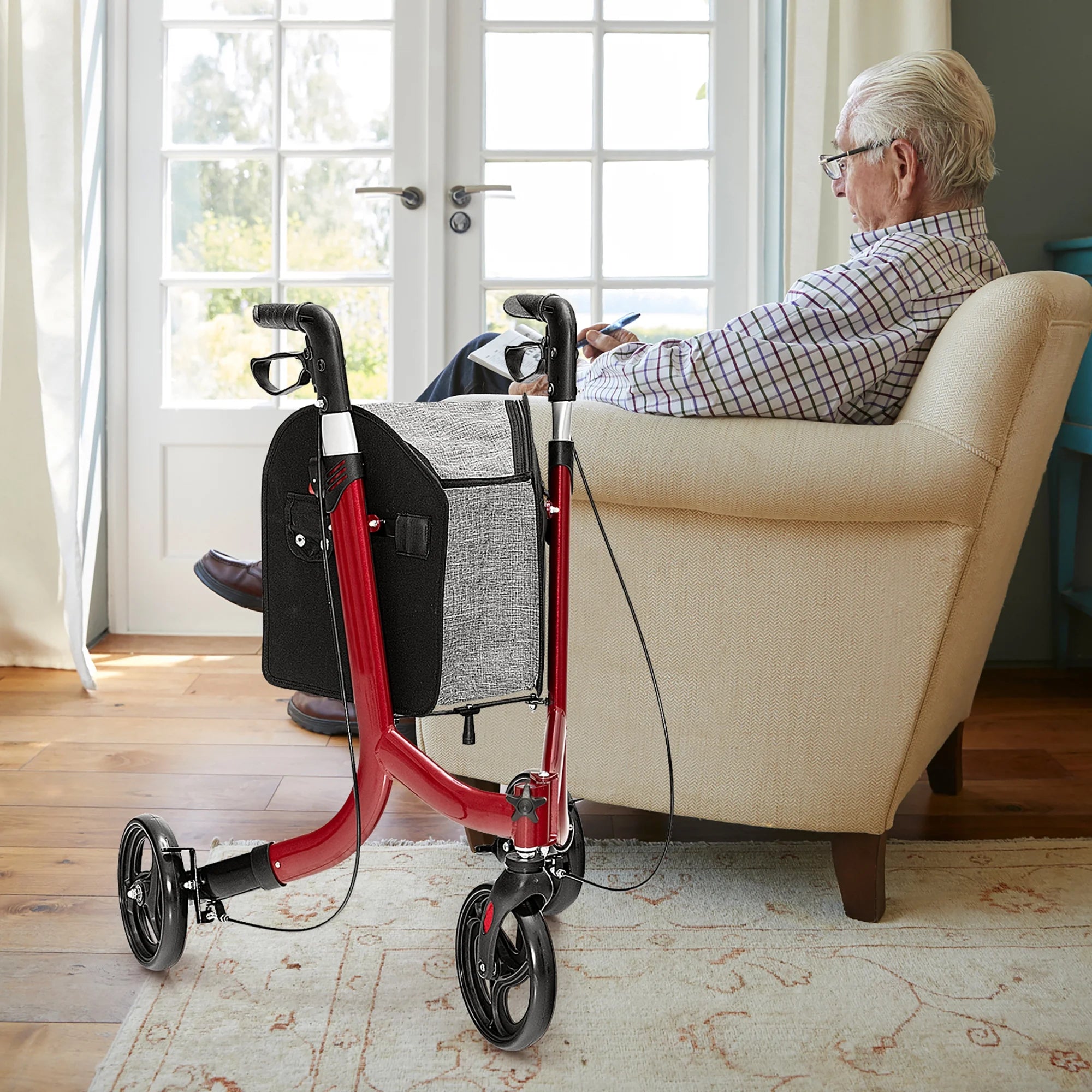 3-Wheel Rolling Walker Folding Rollator Walker with 8 Inch Wheels Red