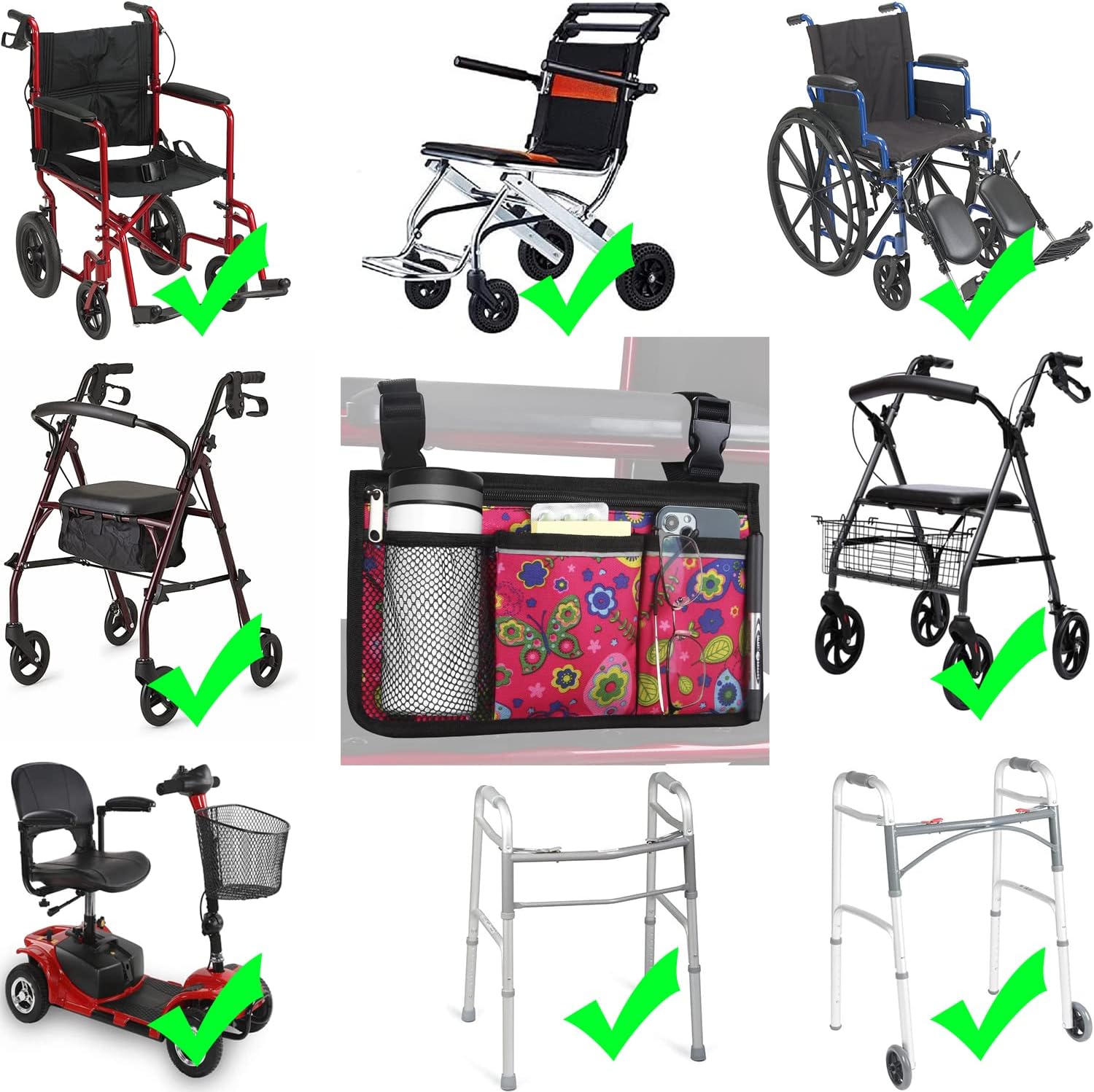 Wheelchair Side Bag, Upgrade Flower Color Wheelchair Armrest Storage Pouch with Cup Holder and Reflective Strip Made with Waterproof Fabric, for Most Wheelchairs, Walkers and Rollators (Red Butterfly)