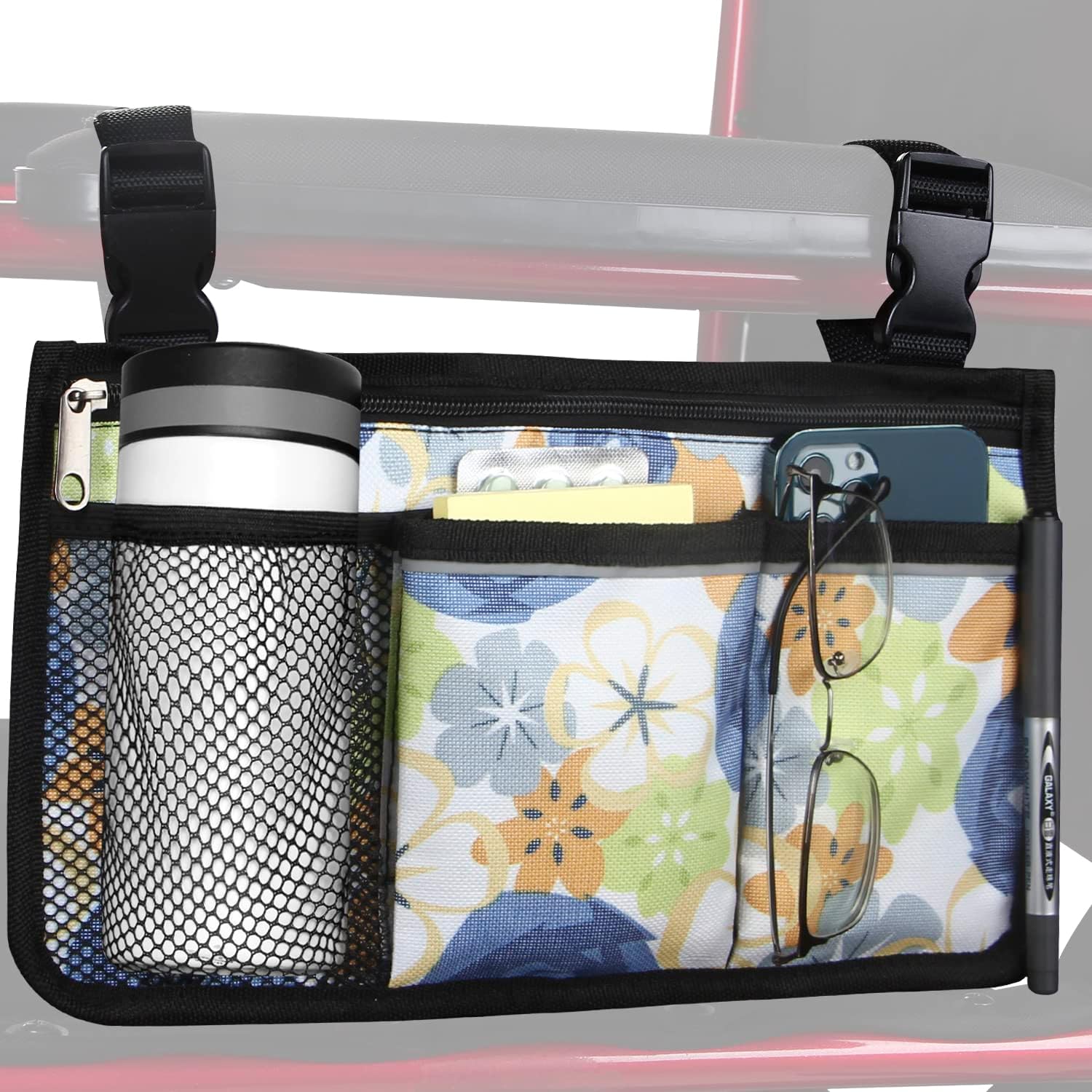 Wheelchair Side Bag, Upgrade Flower Color Wheelchair Armrest Storage Pouch with Cup Holder and Reflective Strip Made with Waterproof Fabric, for Most Wheelchairs, Walkers and Rollators (Red Butterfly)
