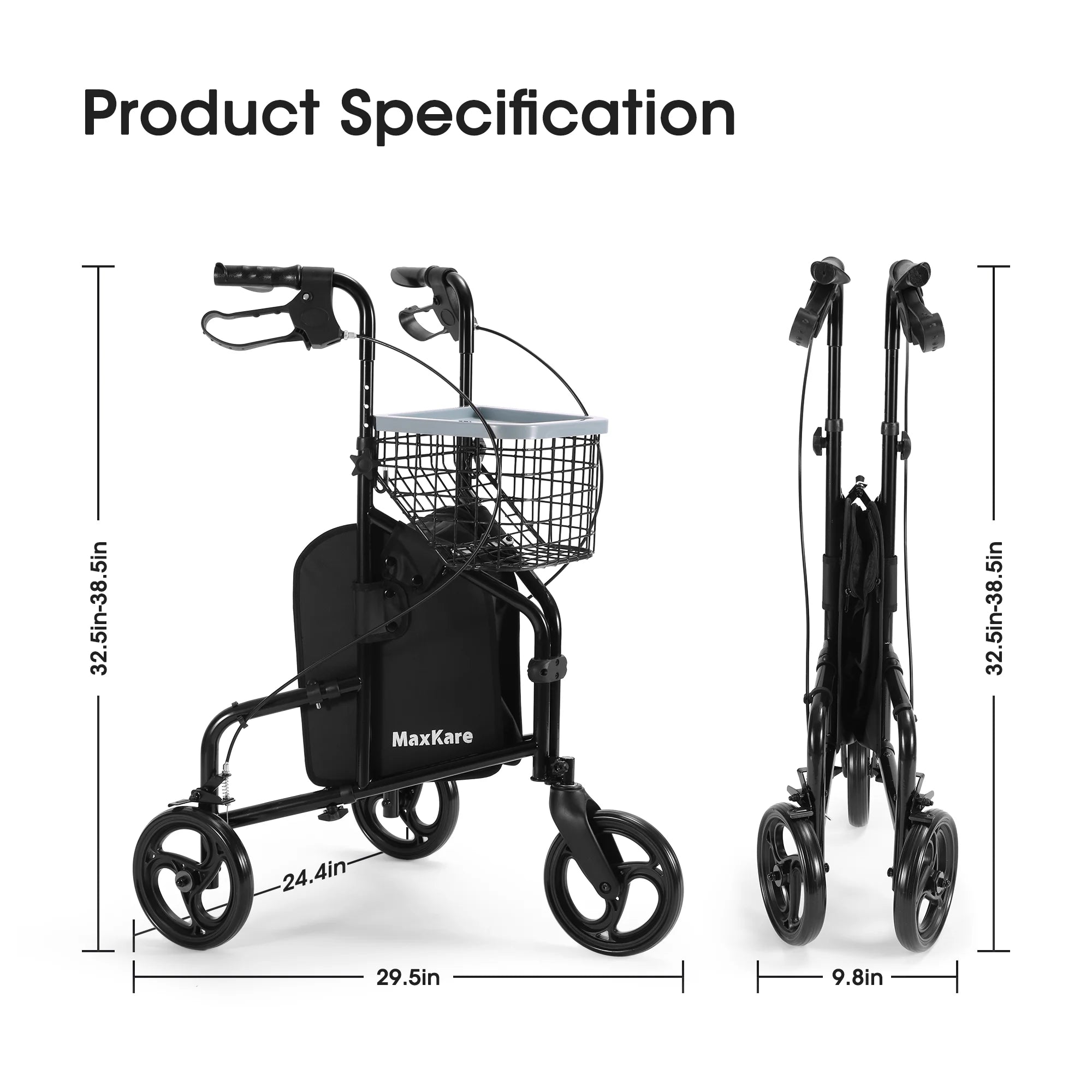 3-Wheel Rolling Walker for Seniors Foldable Rollator Walker with Basket & Tray, 300Lbs Weight Capacity, Height Adjustable, Black