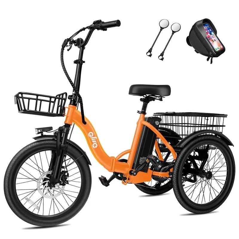 Qlife Electric Folding Tricycle for Adults, Peak 750W Brushless Motor Folding Trike Ebike 468Wh Removable Battery, Step-Thru 3 Wheel Electric Bicycle, up to 50 Miles UL2849 Orange