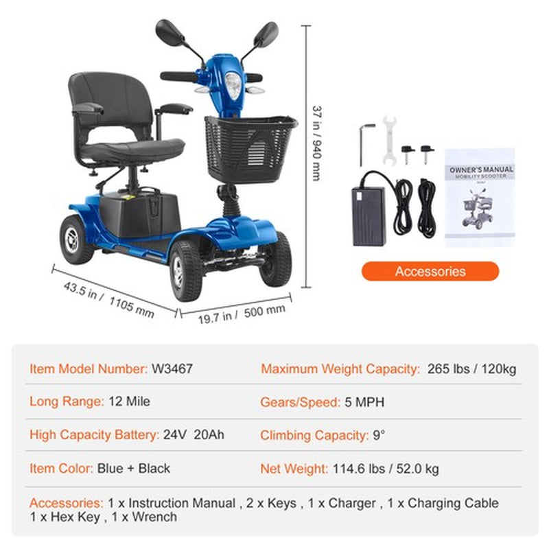 Heavy-Duty 4 Wheel Mobility Scooter for Seniors 12 Mile Long Range 265LBS