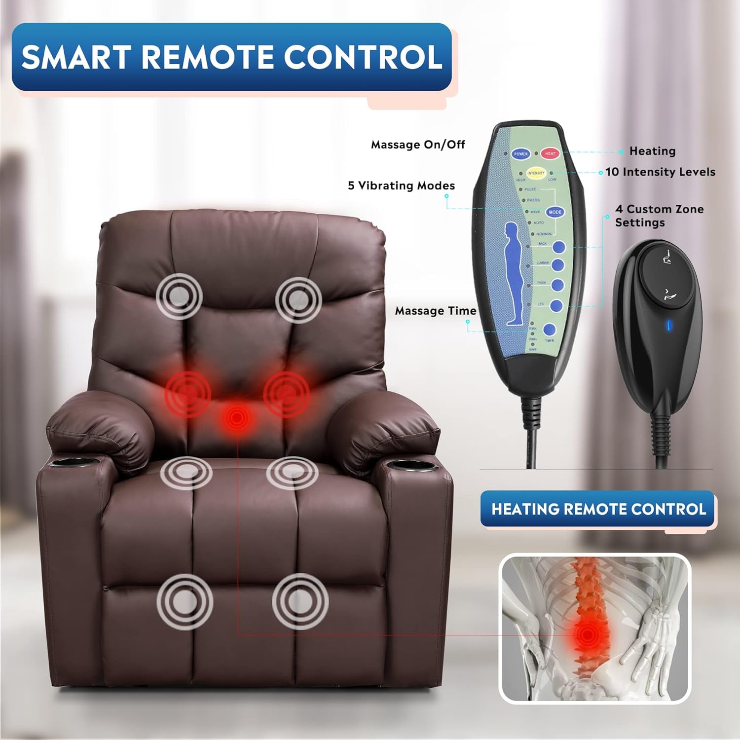 Power Lift Massage Recliner Chair, OKIN Motor Heat and Vibration for Elderly, PU Living Room Sofa Chair with Remote Control, USB Charge Port and Cup Holders