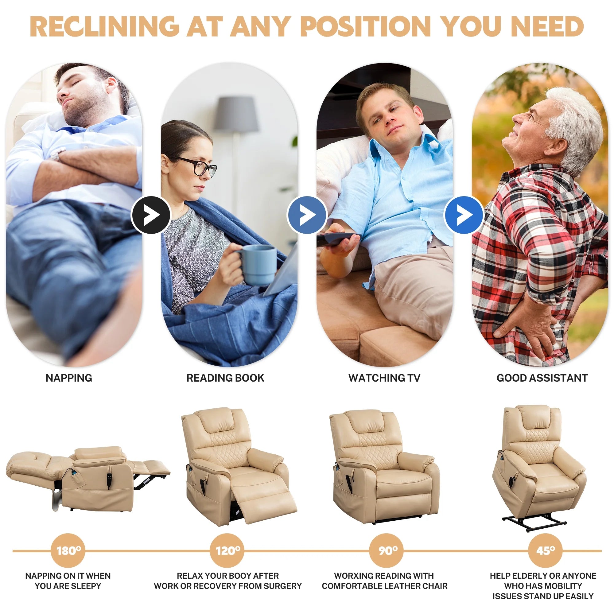 Oversized Power Lift Recliner Chair for Elderly, Large Lay Flat Dual Motor Single Sofa with Heat and Massage, PU Leather Recliner Chair for Living Room, 400LBS Weight Capacity, Beige Yellow