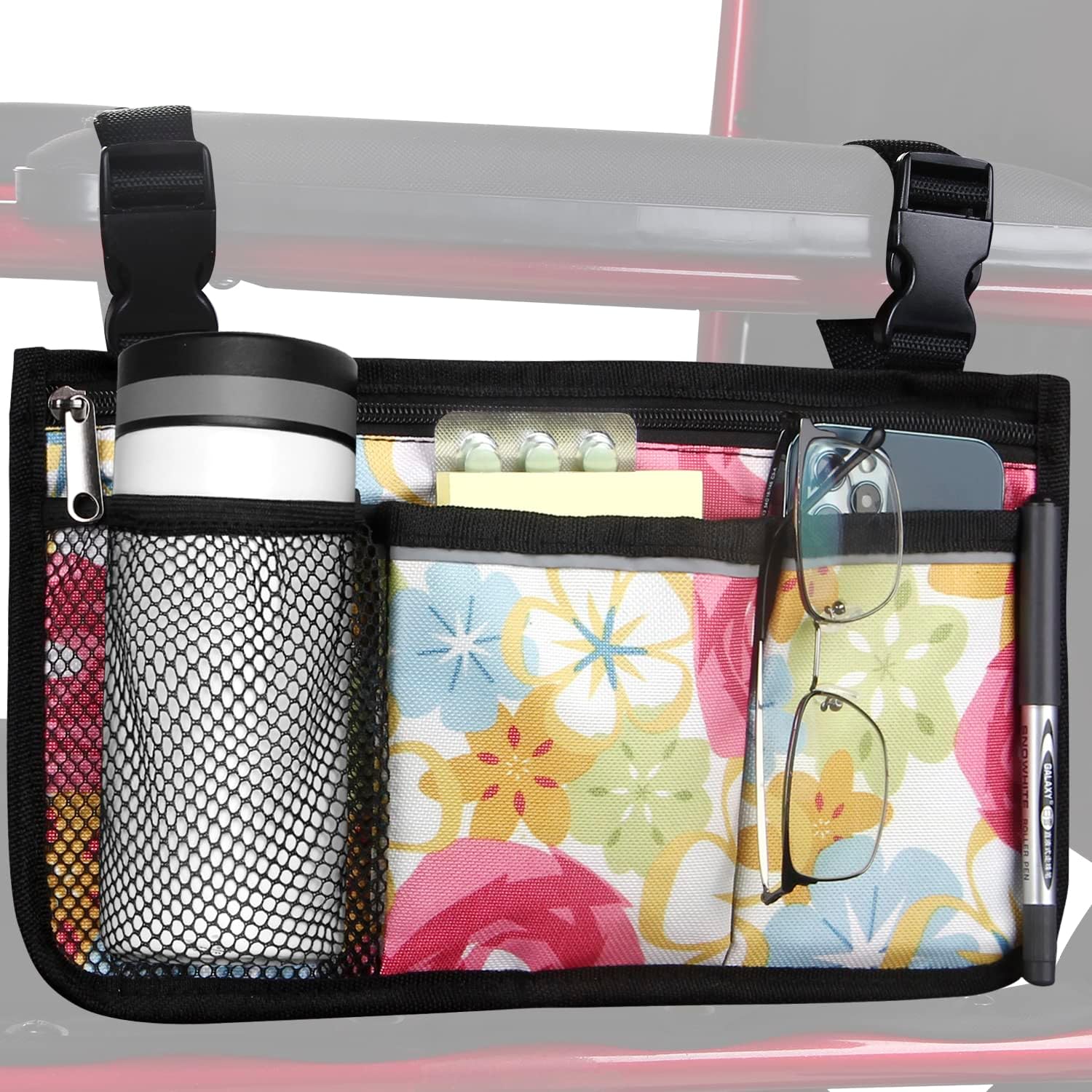 Wheelchair Side Bag, Upgrade Flower Color Wheelchair Armrest Storage Pouch with Cup Holder and Reflective Strip Made with Waterproof Fabric, for Most Wheelchairs, Walkers and Rollators (Red Butterfly)