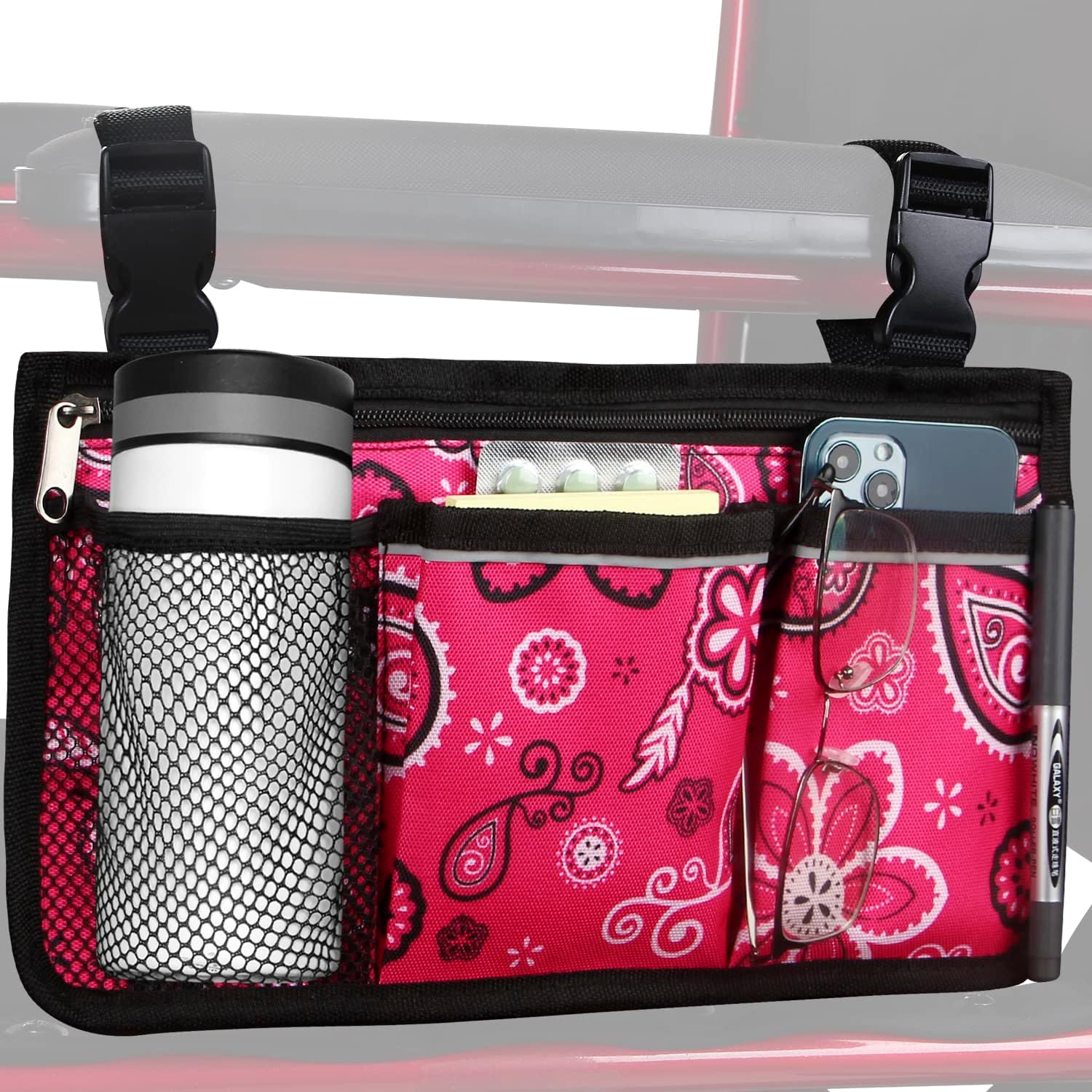 Wheelchair Side Bag, Upgrade Flower Color Wheelchair Armrest Storage Pouch with Cup Holder and Reflective Strip Made with Waterproof Fabric, for Most Wheelchairs, Walkers and Rollators (Red Butterfly)