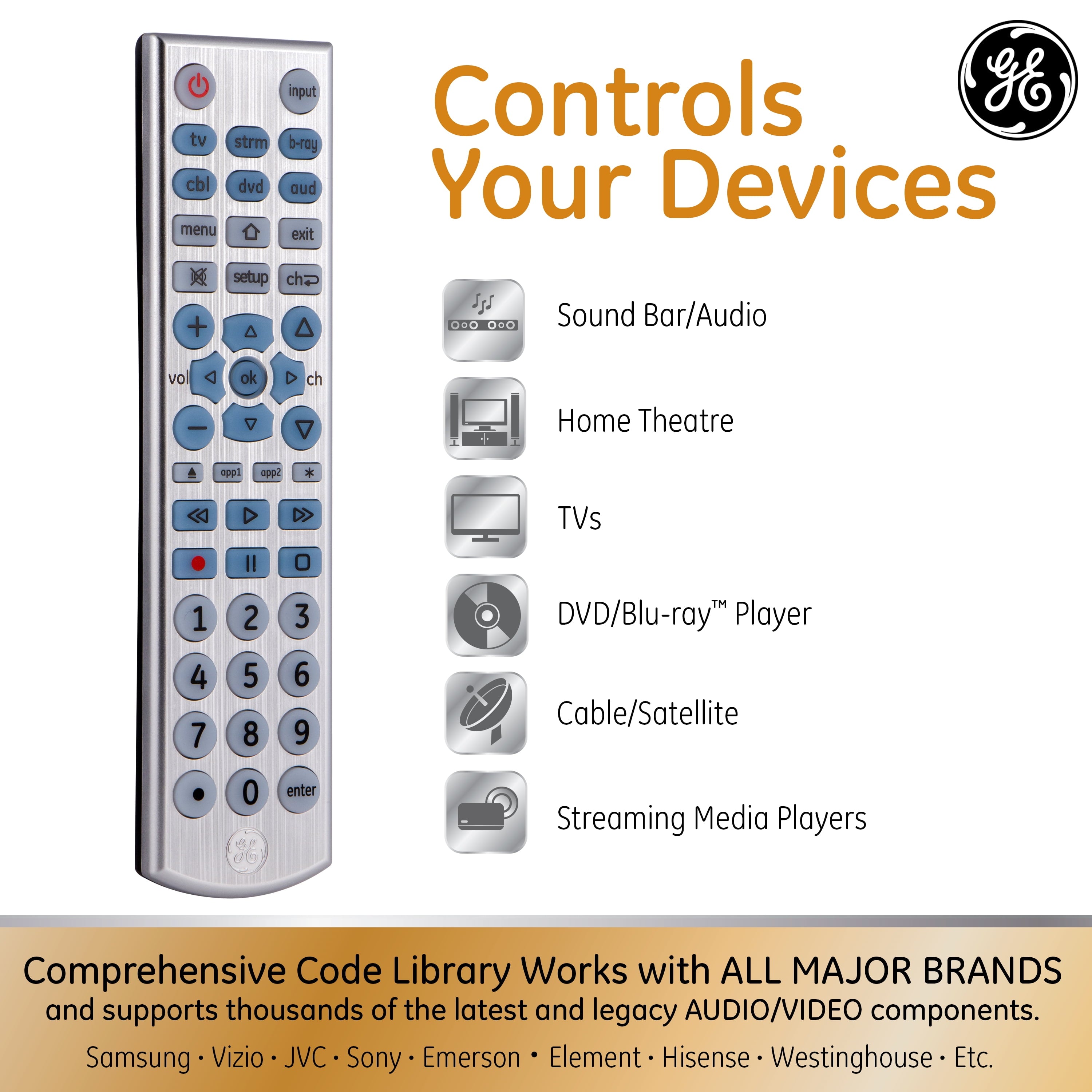 6-Device Backlit Big Button Universal TV Remote Control in Silver, 33712