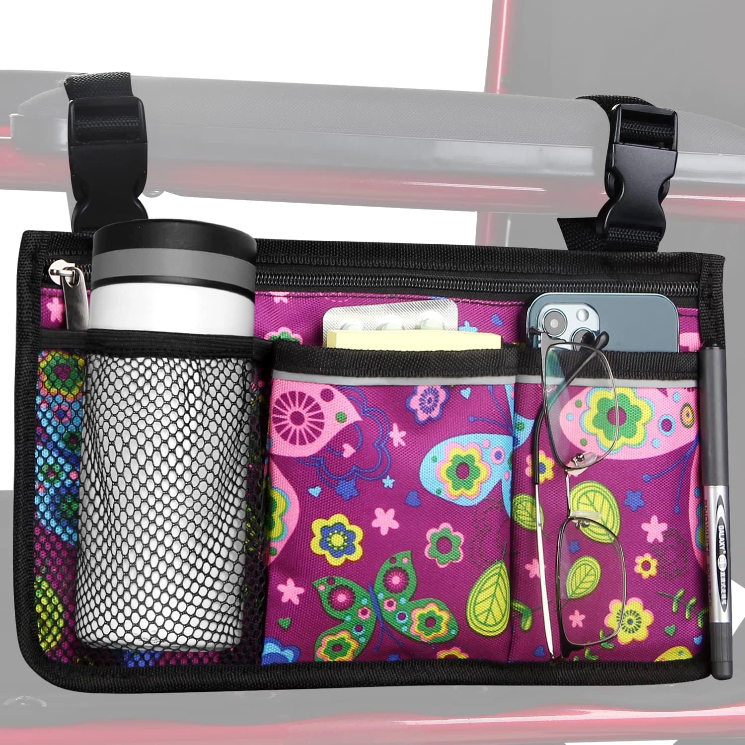 Wheelchair Side Bag, Upgrade Flower Color Wheelchair Armrest Storage Pouch with Cup Holder and Reflective Strip Made with Waterproof Fabric, for Most Wheelchairs, Walkers and Rollators (Red Butterfly)
