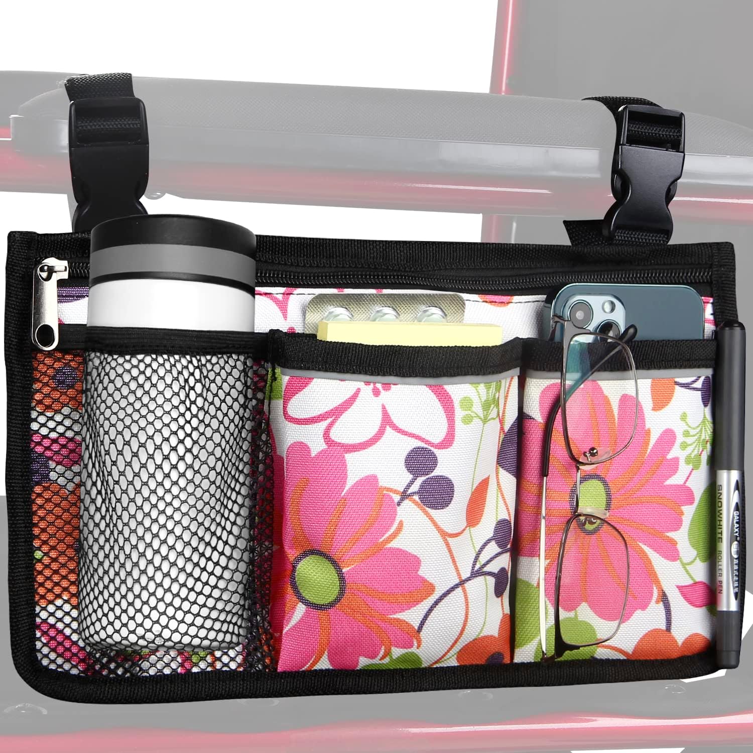 Wheelchair Side Bag, Upgrade Flower Color Wheelchair Armrest Storage Pouch with Cup Holder and Reflective Strip Made with Waterproof Fabric, for Most Wheelchairs, Walkers and Rollators (Red Butterfly)