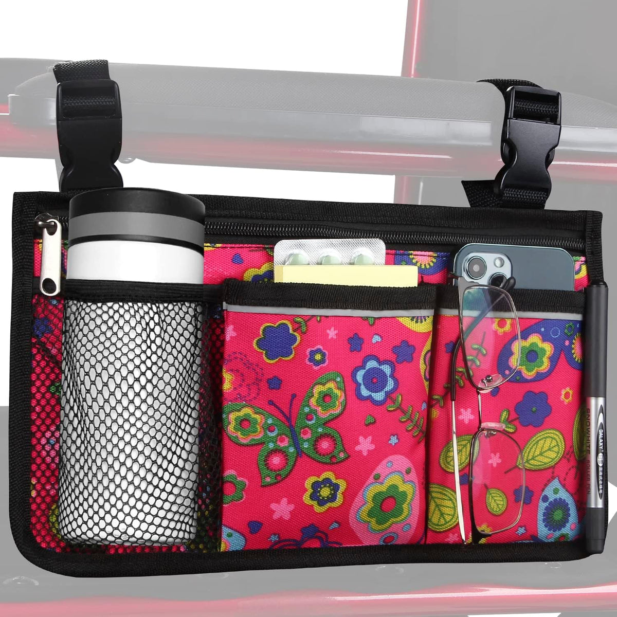 Wheelchair Side Bag, Upgrade Flower Color Wheelchair Armrest Storage Pouch with Cup Holder and Reflective Strip Made with Waterproof Fabric, for Most Wheelchairs, Walkers and Rollators (Red Butterfly)