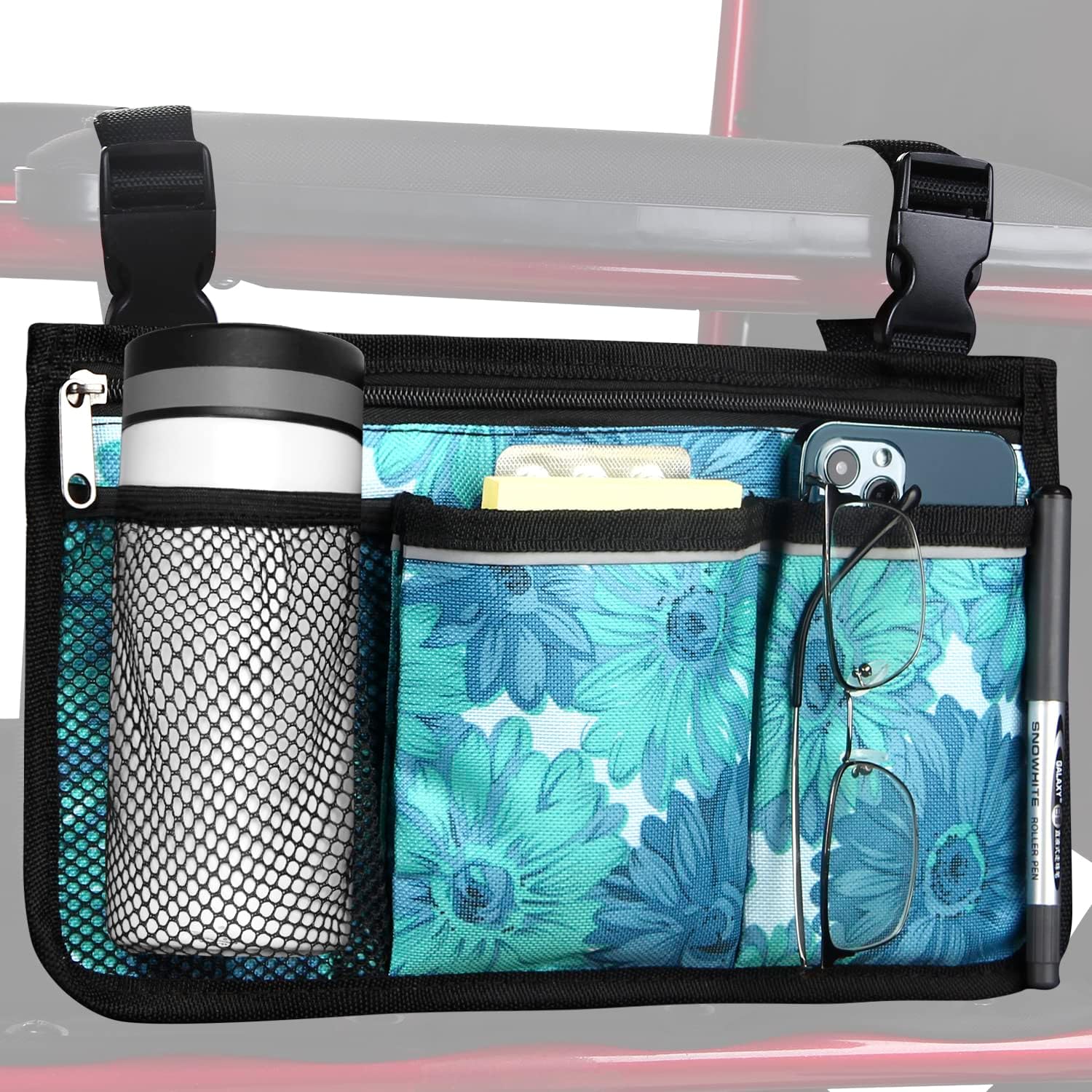 Wheelchair Side Bag, Upgrade Flower Color Wheelchair Armrest Storage Pouch with Cup Holder and Reflective Strip Made with Waterproof Fabric, for Most Wheelchairs, Walkers and Rollators (Red Butterfly)