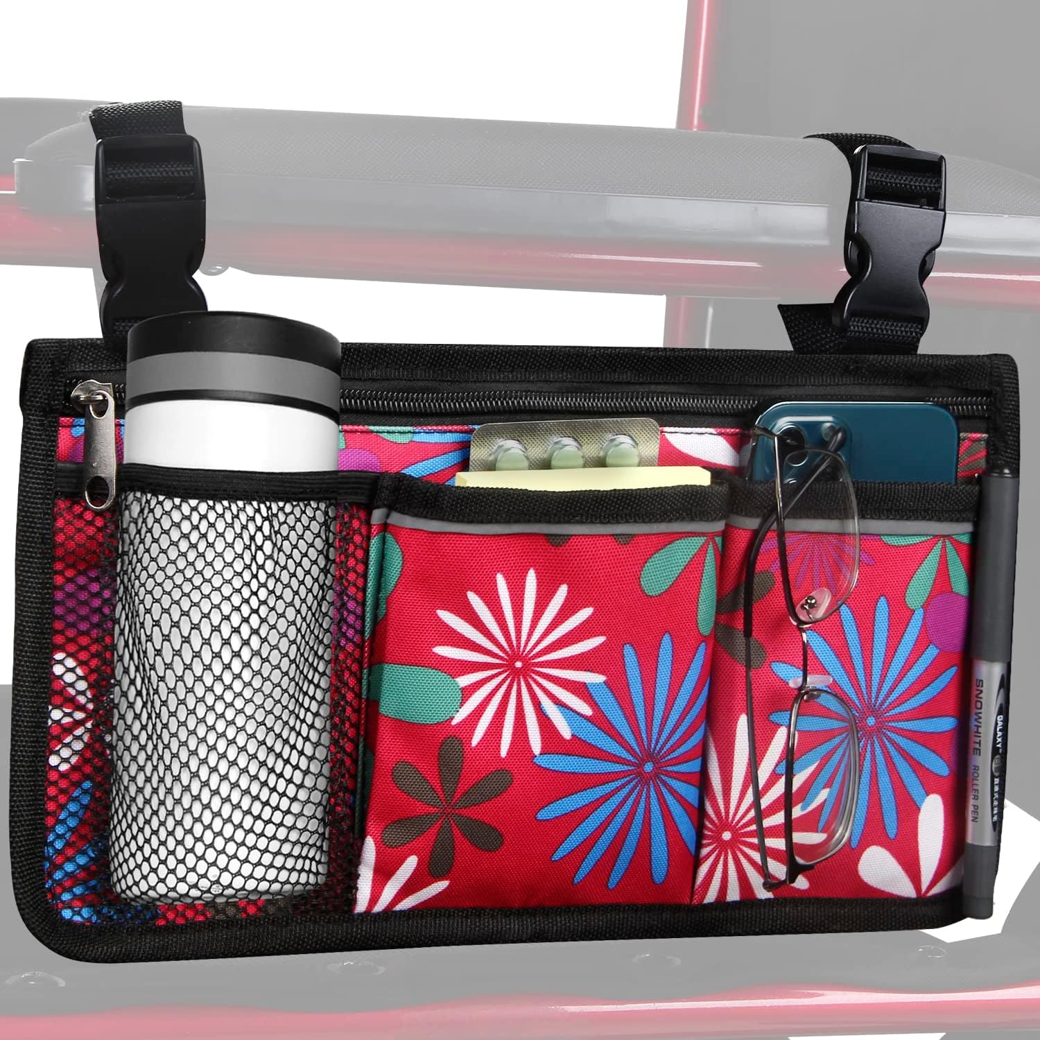Wheelchair Side Bag, Upgrade Flower Color Wheelchair Armrest Storage Pouch with Cup Holder and Reflective Strip Made with Waterproof Fabric, for Most Wheelchairs, Walkers and Rollators (Red Butterfly)