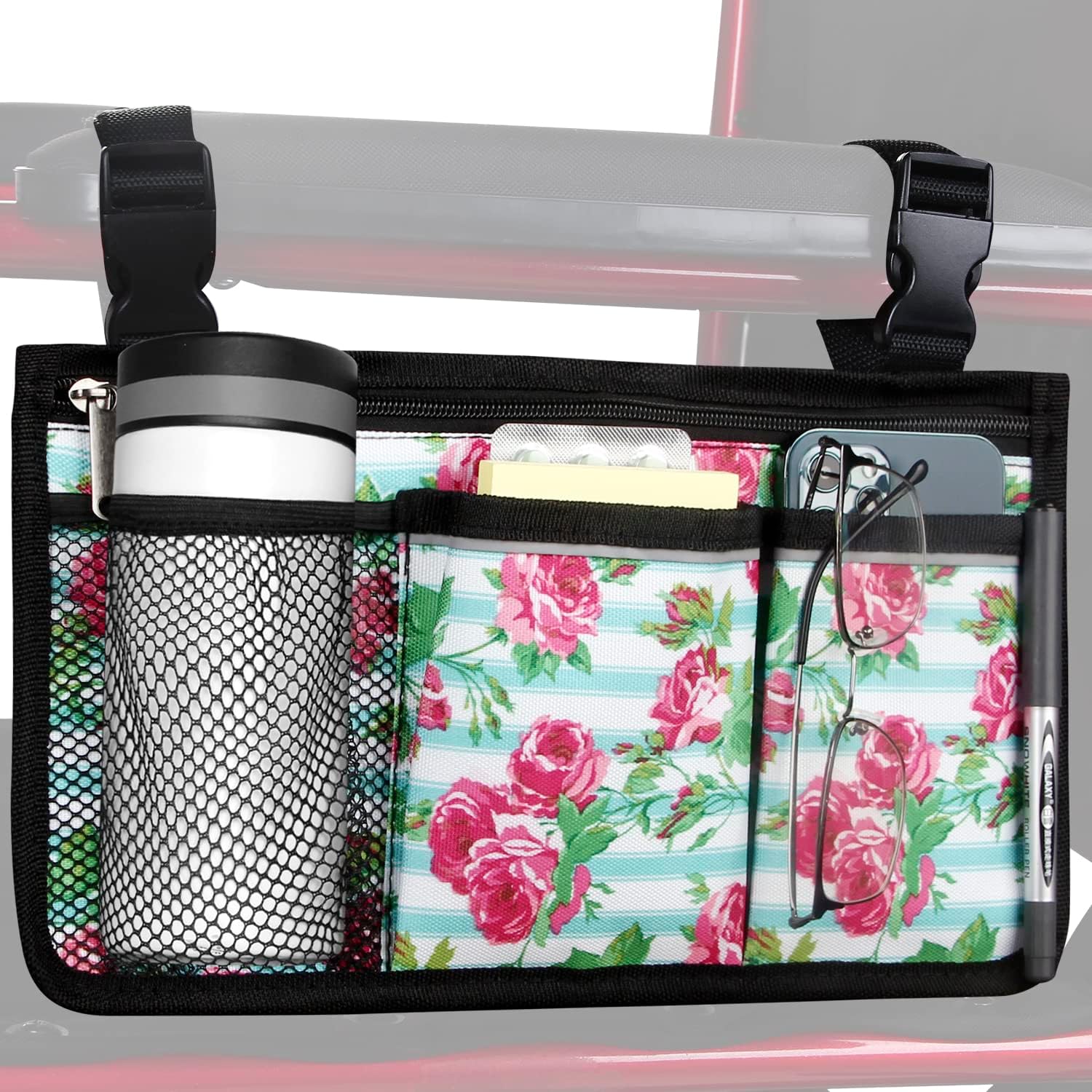 Wheelchair Side Bag, Upgrade Flower Color Wheelchair Armrest Storage Pouch with Cup Holder and Reflective Strip Made with Waterproof Fabric, for Most Wheelchairs, Walkers and Rollators (Red Butterfly)