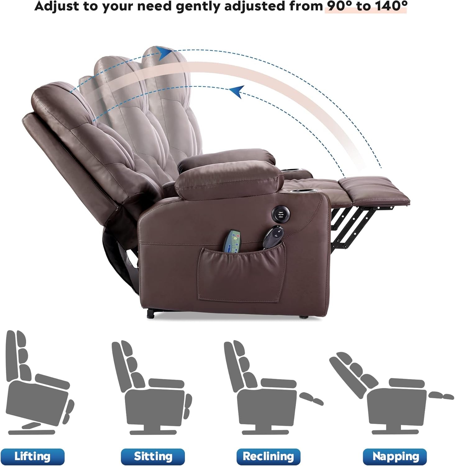 Power Lift Massage Recliner Chair, OKIN Motor Heat and Vibration for Elderly, PU Living Room Sofa Chair with Remote Control, USB Charge Port and Cup Holders
