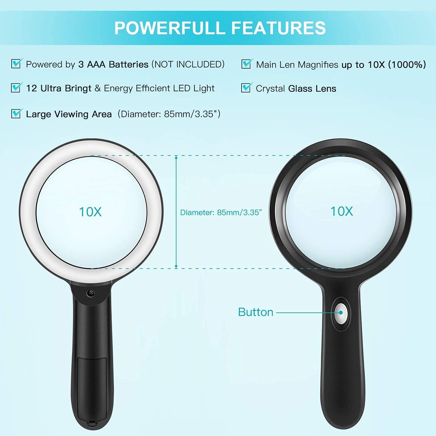 10X Magnifying Glass with 12 LED Lights - Large Lighted Magnifying Glass for Reading, Inspection, Coins, Jewelry, Exploring