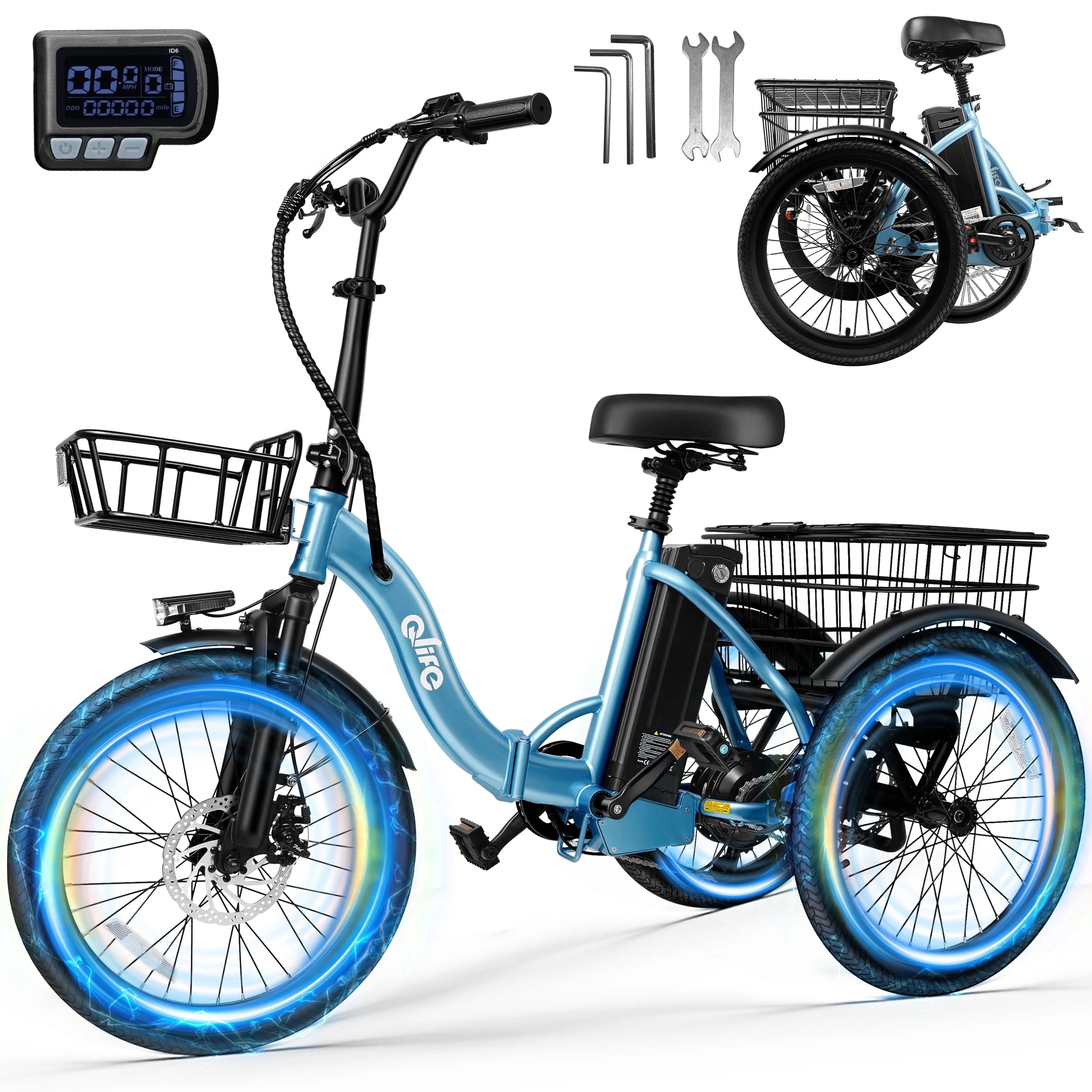 Qlife Electric Folding Tricycle for Adults, Peak 750W Brushless Motor Folding Trike Ebike 468Wh Removable Battery, Step-Thru 3 Wheel Electric Bicycle, up to 50 Miles UL2849 Orange