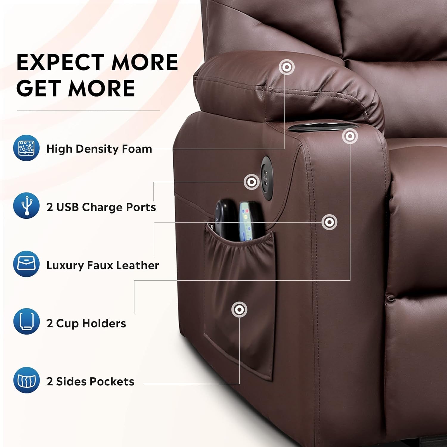 Power Lift Massage Recliner Chair, OKIN Motor Heat and Vibration for Elderly, PU Living Room Sofa Chair with Remote Control, USB Charge Port and Cup Holders