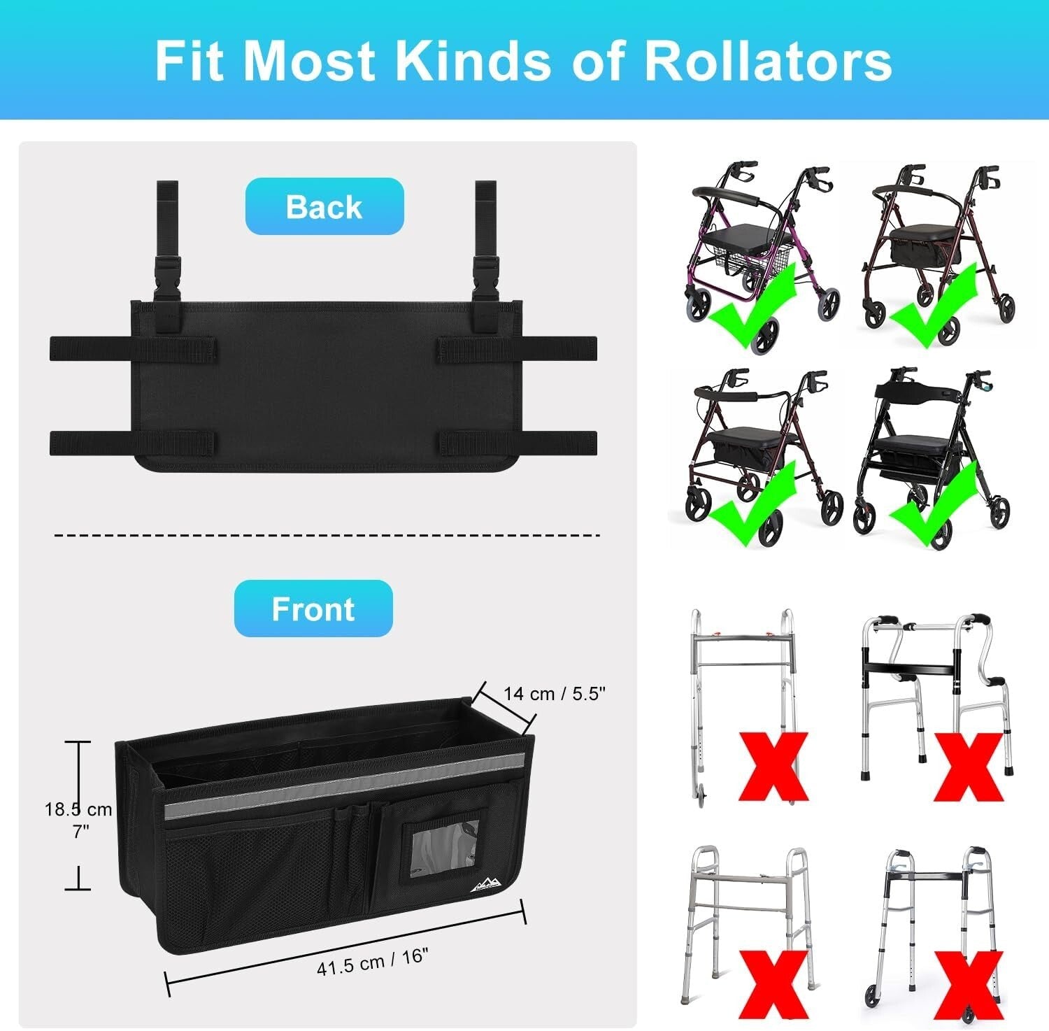 Rollator Basket Large Capacity Walker Accessories Organizer Bag with Multiple