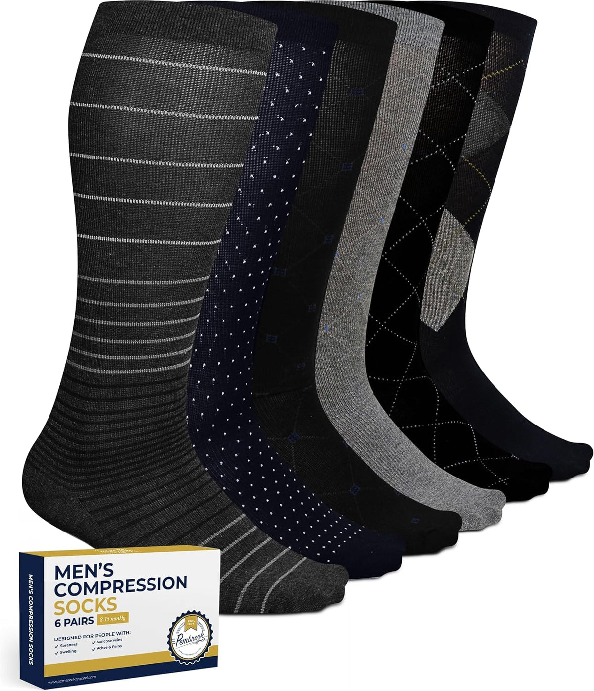 Light Compression Socks for Men - 6 Pairs | 8-15 Mmhg Graduated Compression Socks for Men 9-12 | Support Socks